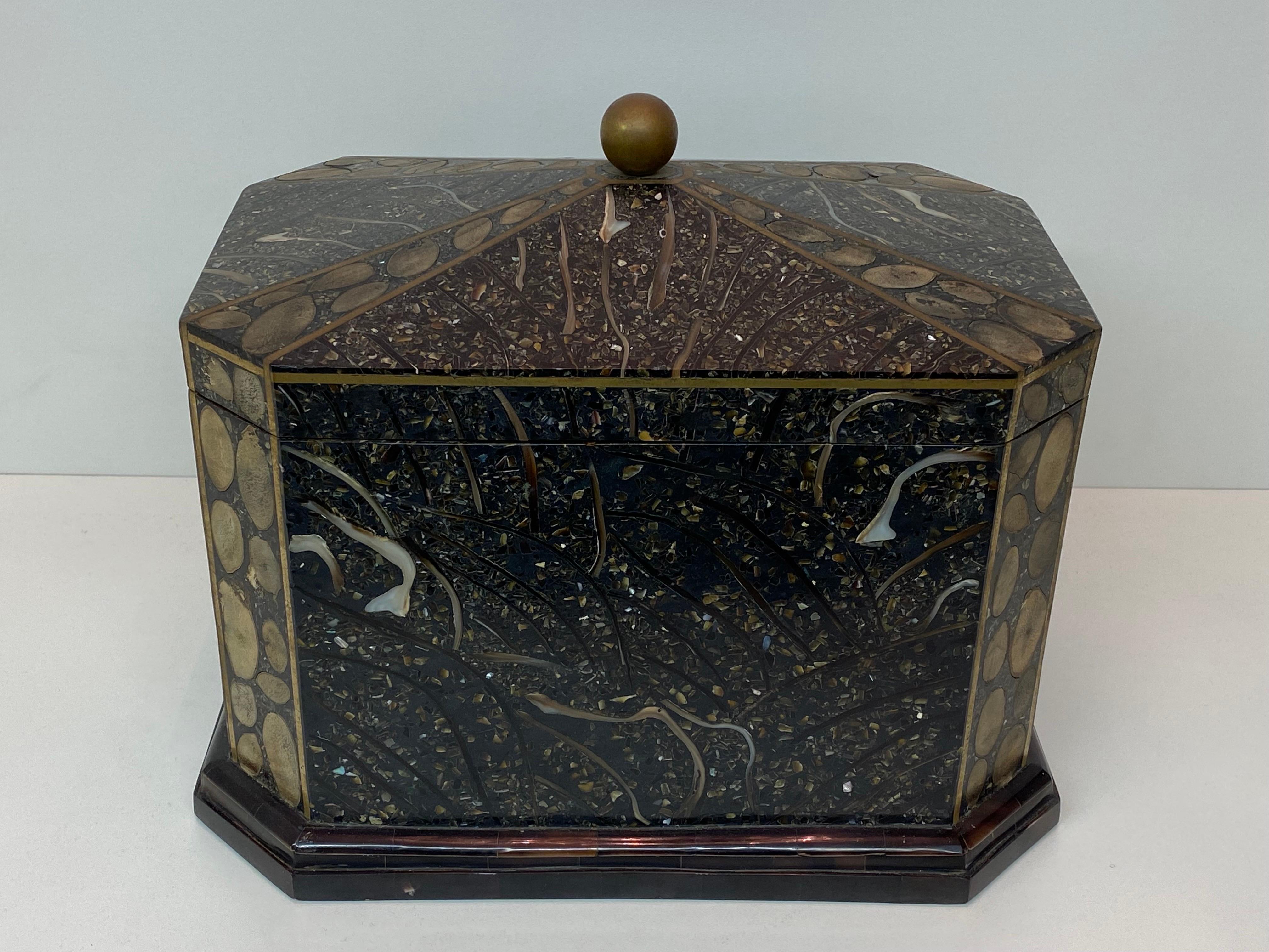 Large Maitland Smith jewelry box with mixed stones and brass details.
