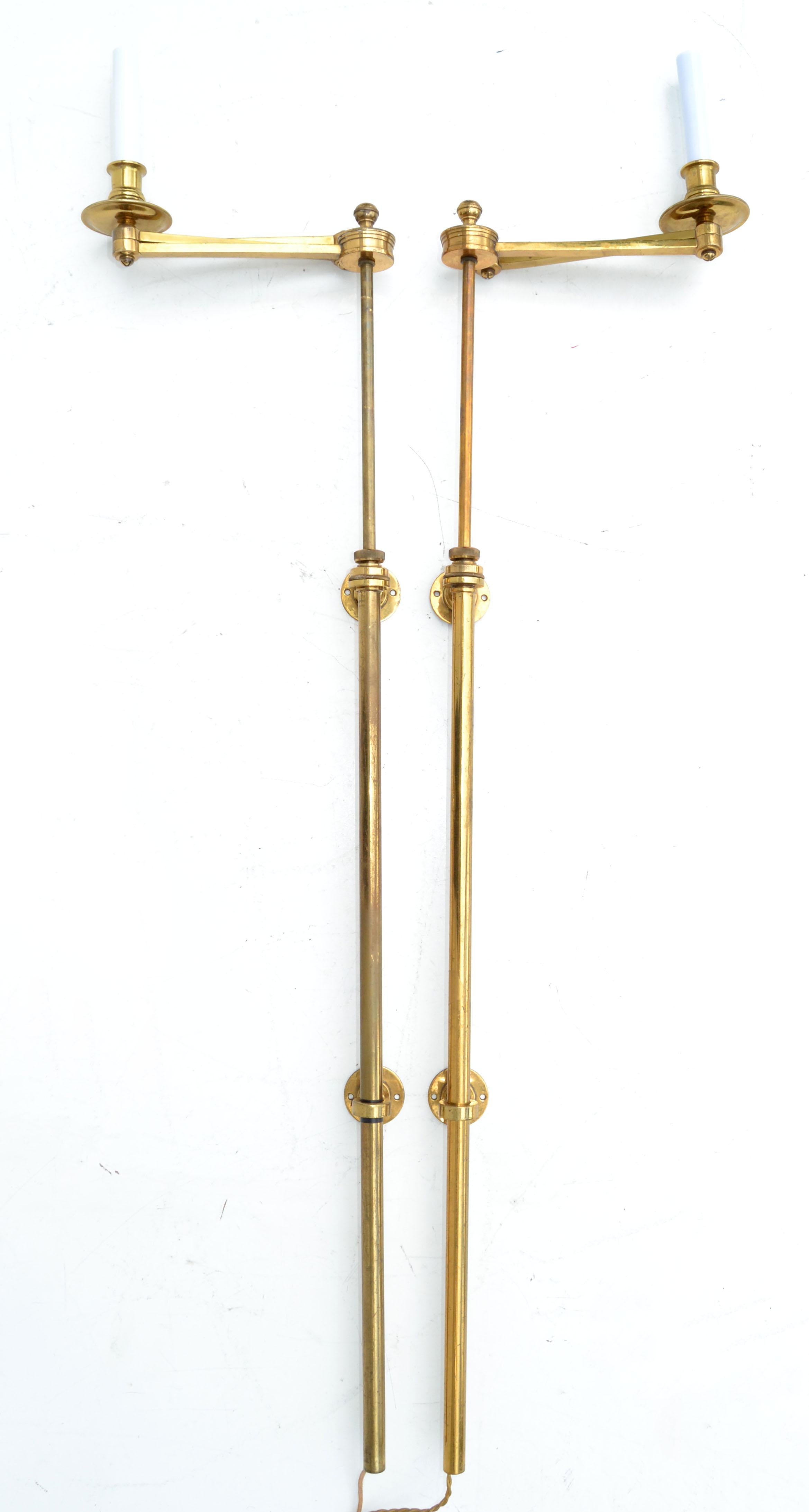 Hand-Crafted Large Maison Bagues France Brass Retractable Sconce, Wall Lamps, Light, Pair