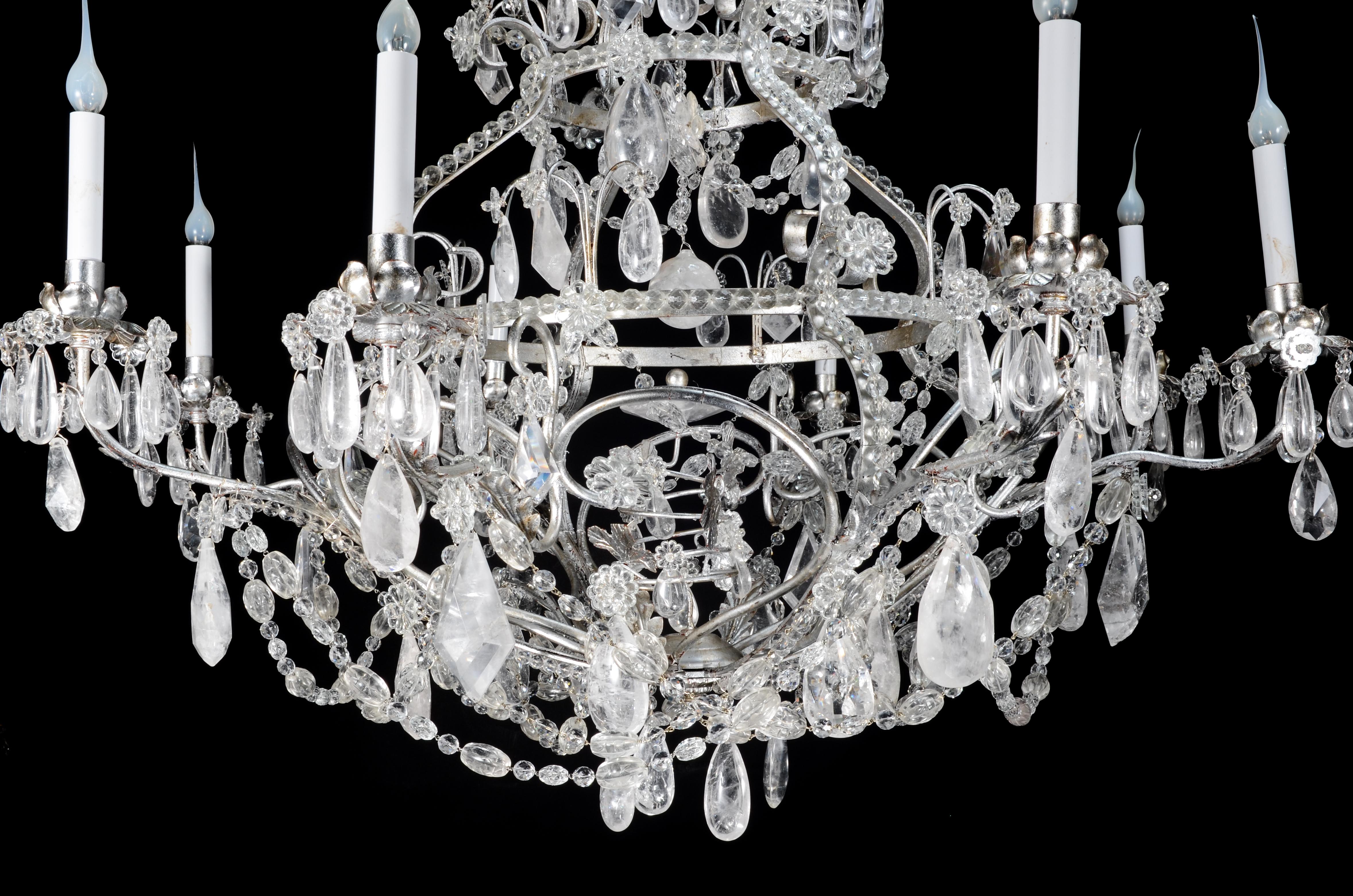 French Large Maison Bagues Style Silver Gilt and Rock Crystal Chandelier For Sale