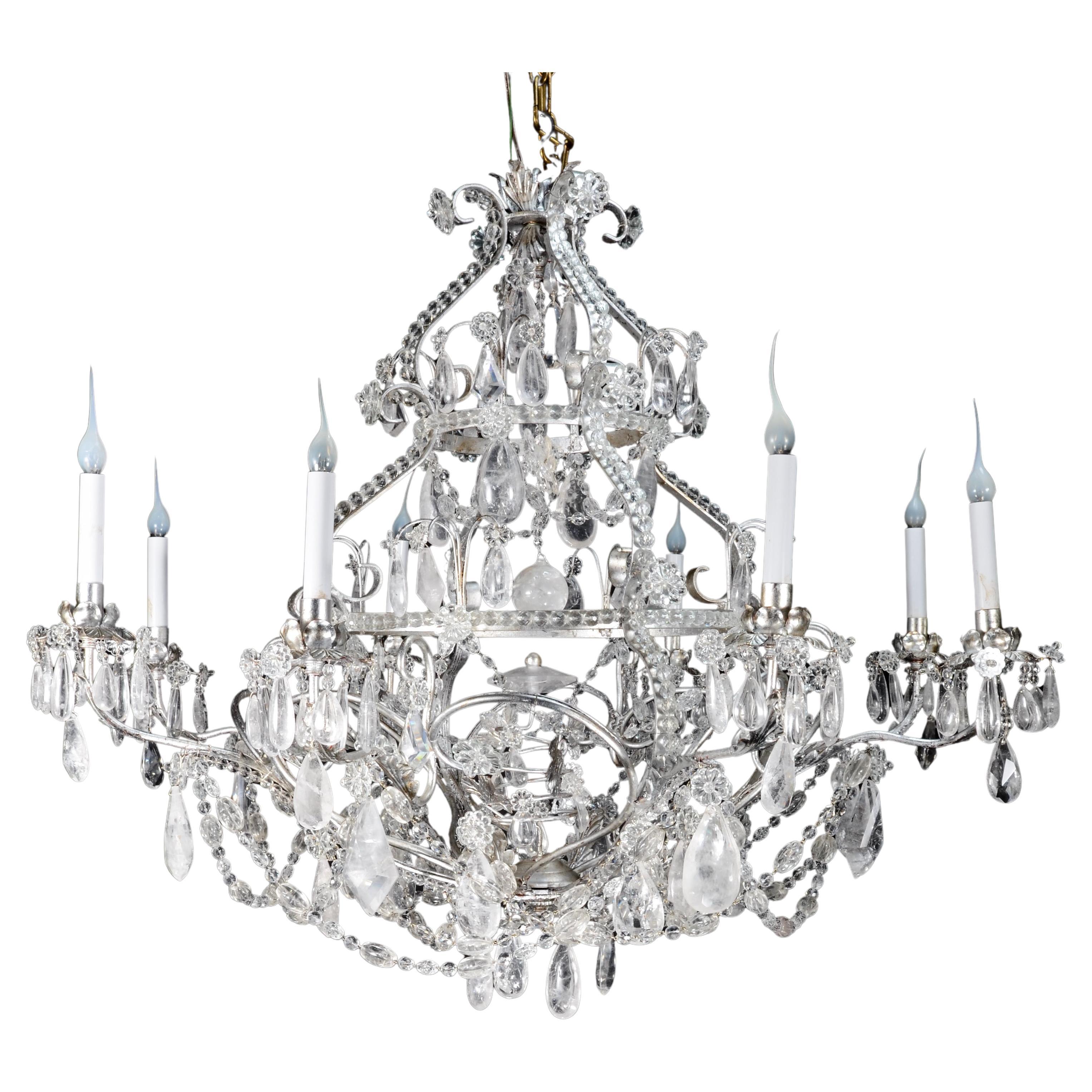 Large Maison Bagues Style Silver Gilt and Rock Crystal Chandelier For Sale