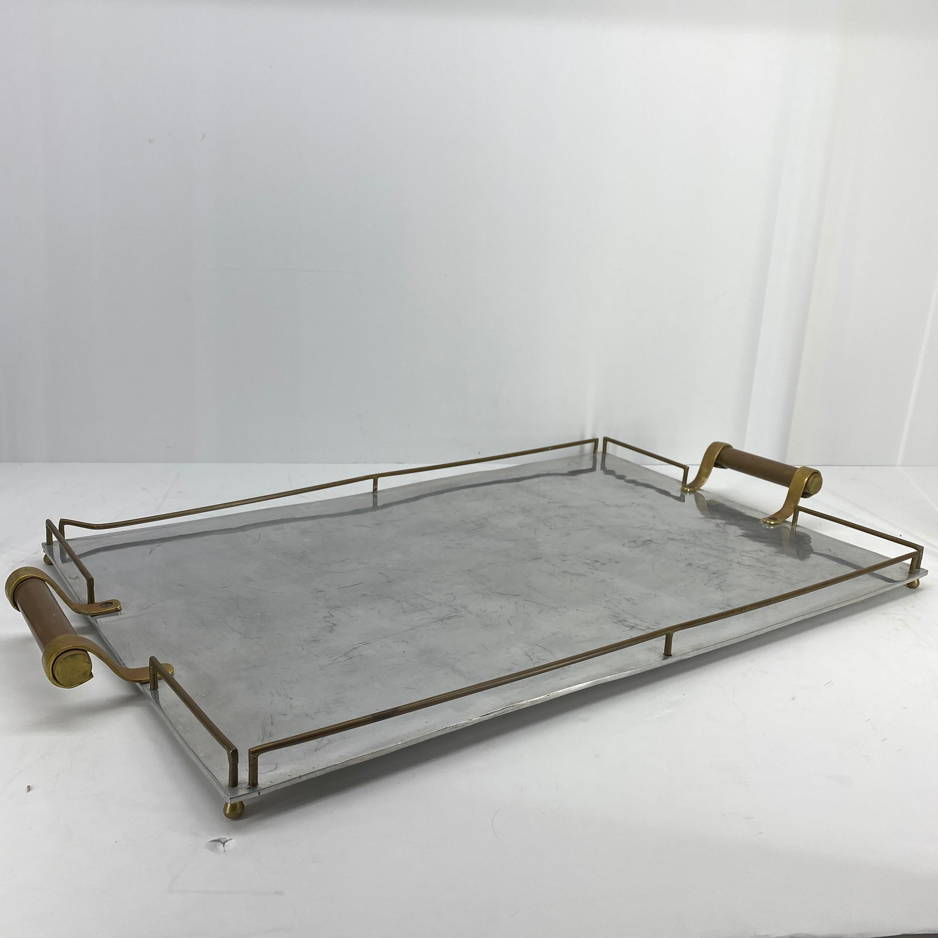 Mid-Century Modern Large Maison Jansen Chrome Serving Tray with Brass Handles and Hardware
