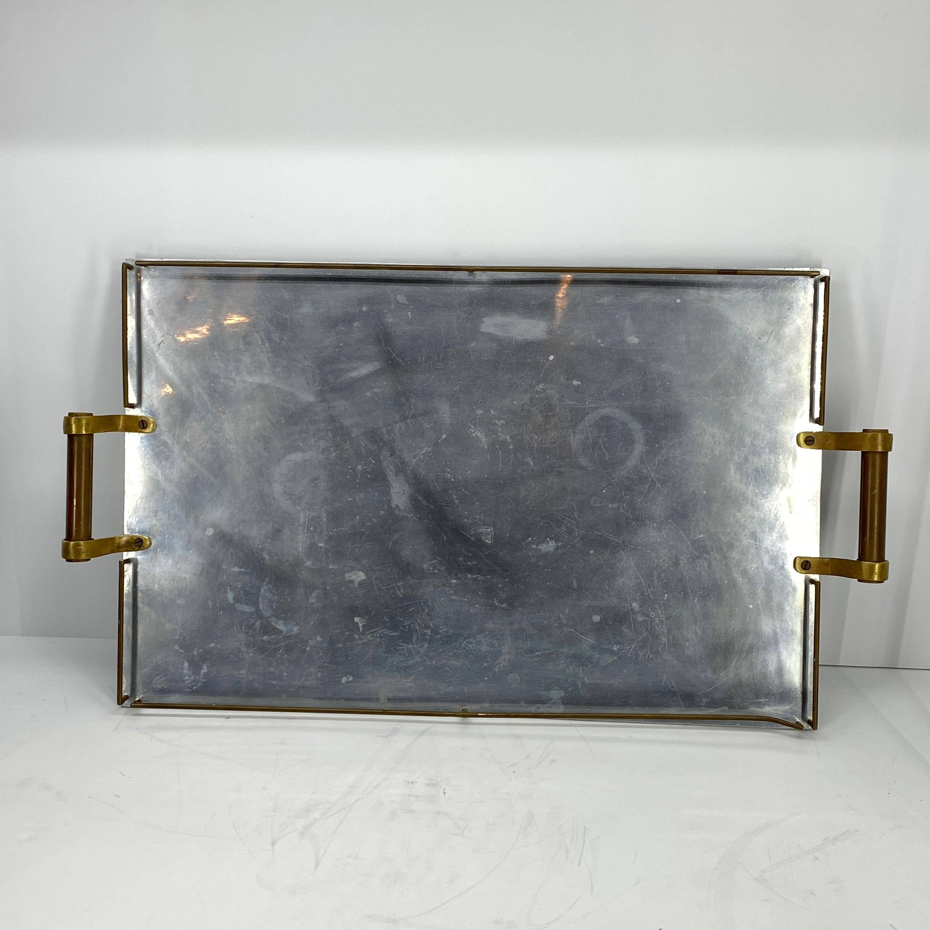 French Large Maison Jansen Chrome Serving Tray with Brass Handles and Hardware