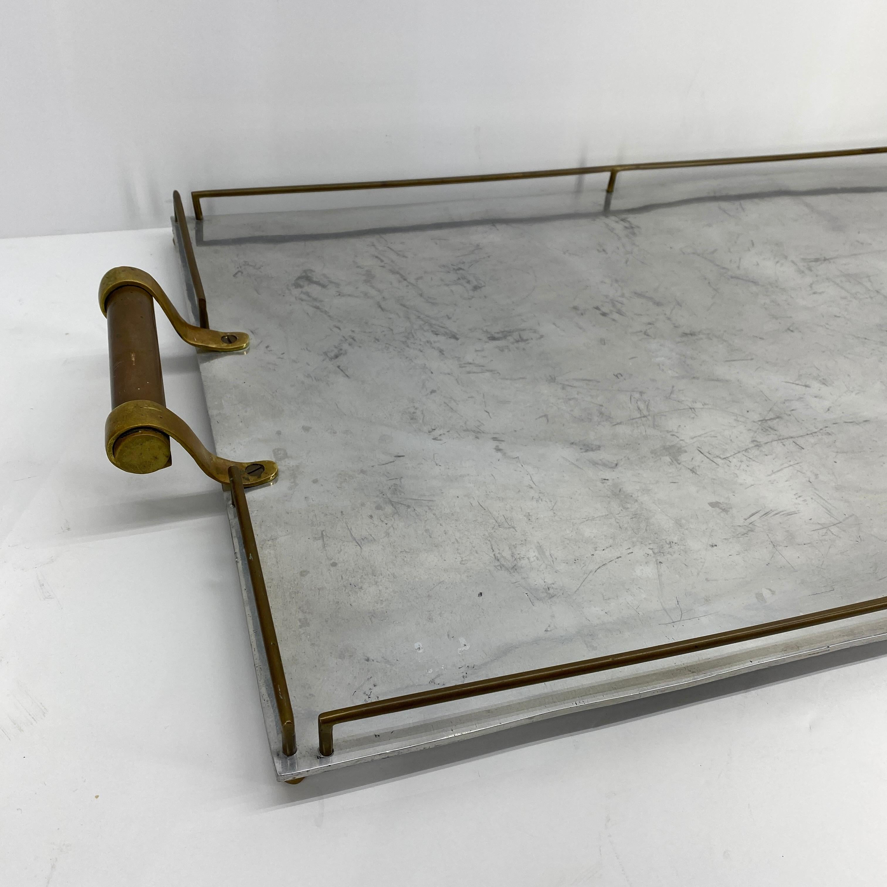 Large Maison Jansen Chrome Serving Tray with Brass Handles and Hardware In Good Condition In Haddonfield, NJ