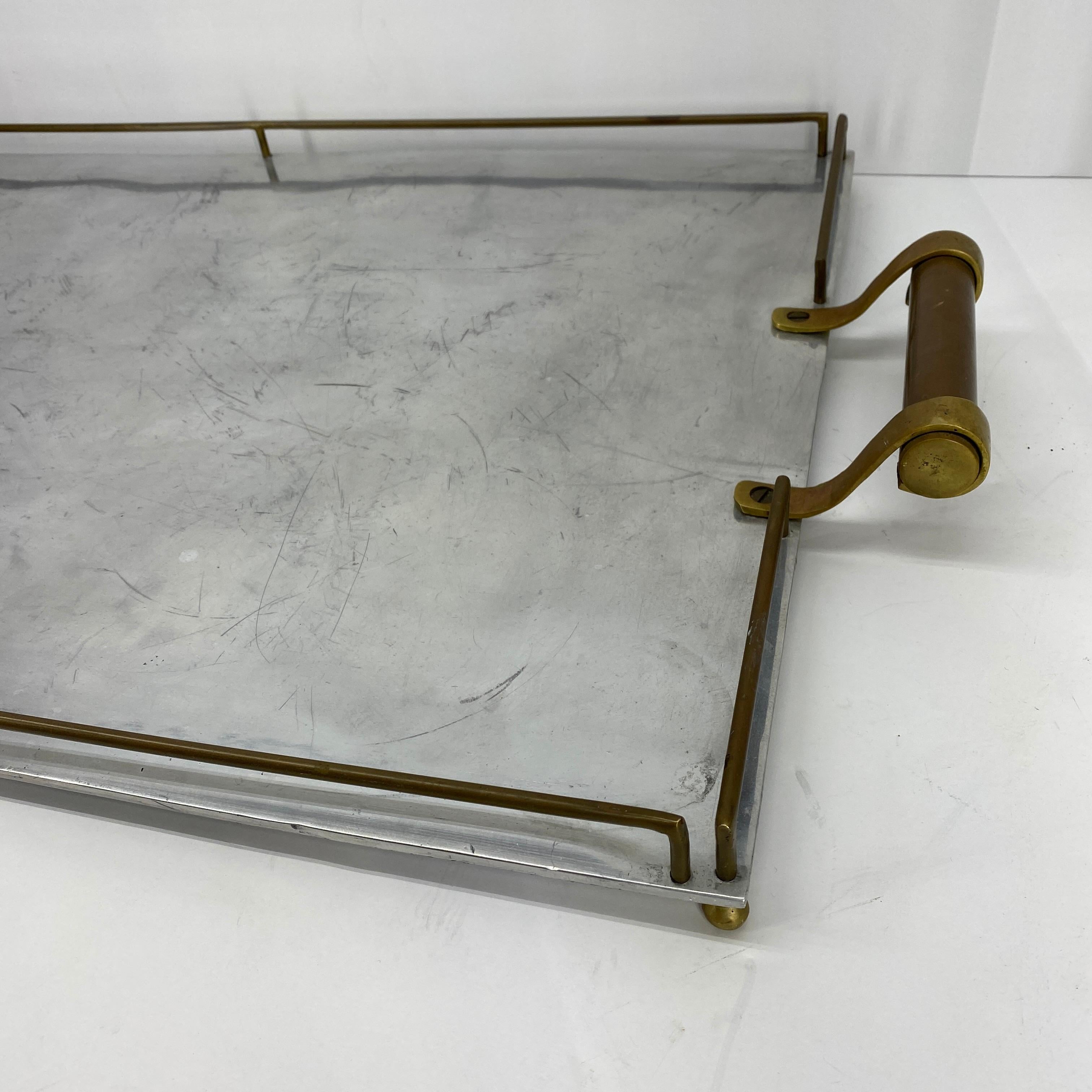 20th Century Large Maison Jansen Chrome Serving Tray with Brass Handles and Hardware