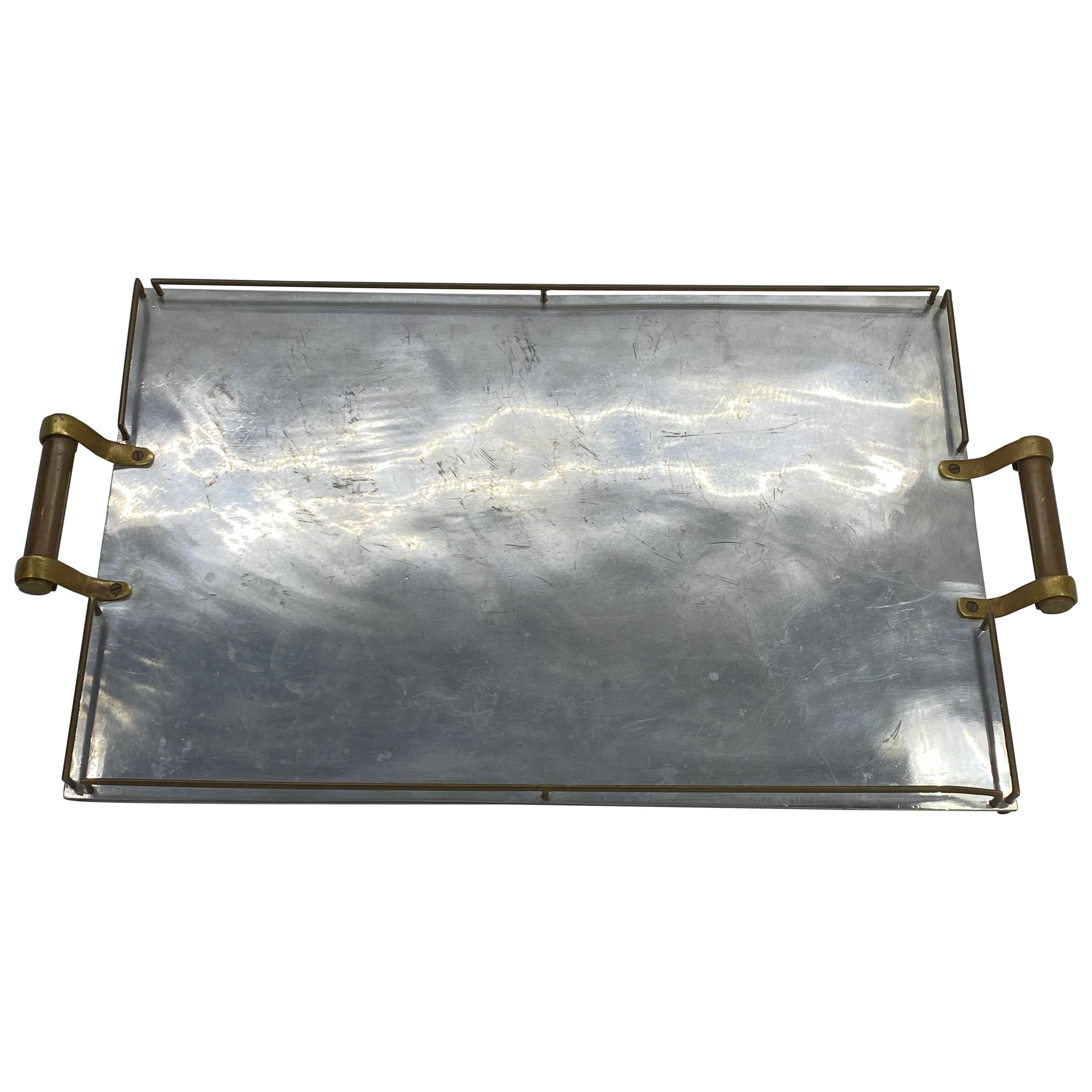 Large Maison Jansen Chrome Serving Tray with Brass Handles and Hardware