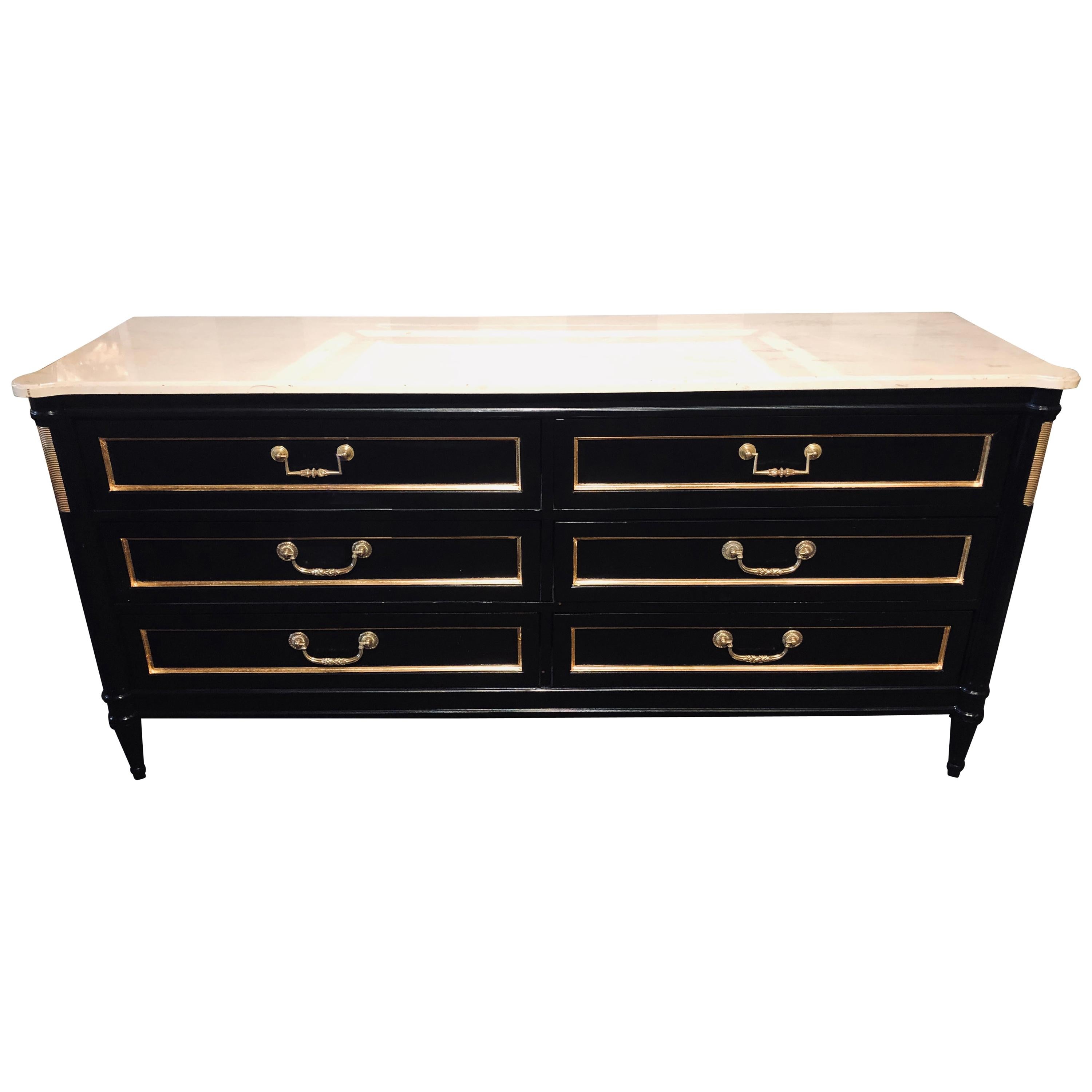 Large Maison Jansen Style Ebony Dresser Commode Carrara Marble Top