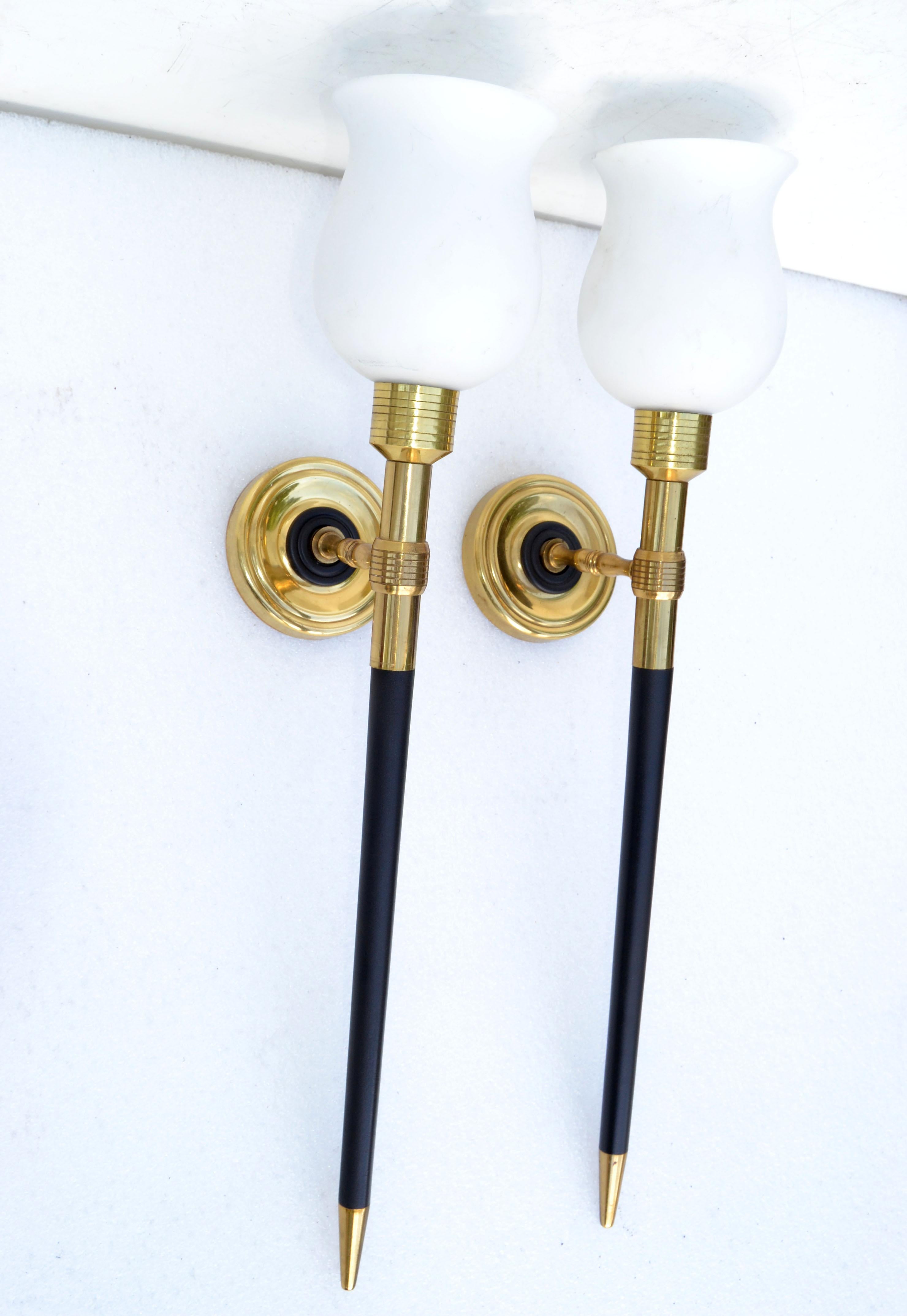 Large Maison Lancel Brass & Wood Sconces, Wall Lights Opaline Glass Shade, Pair  For Sale 4