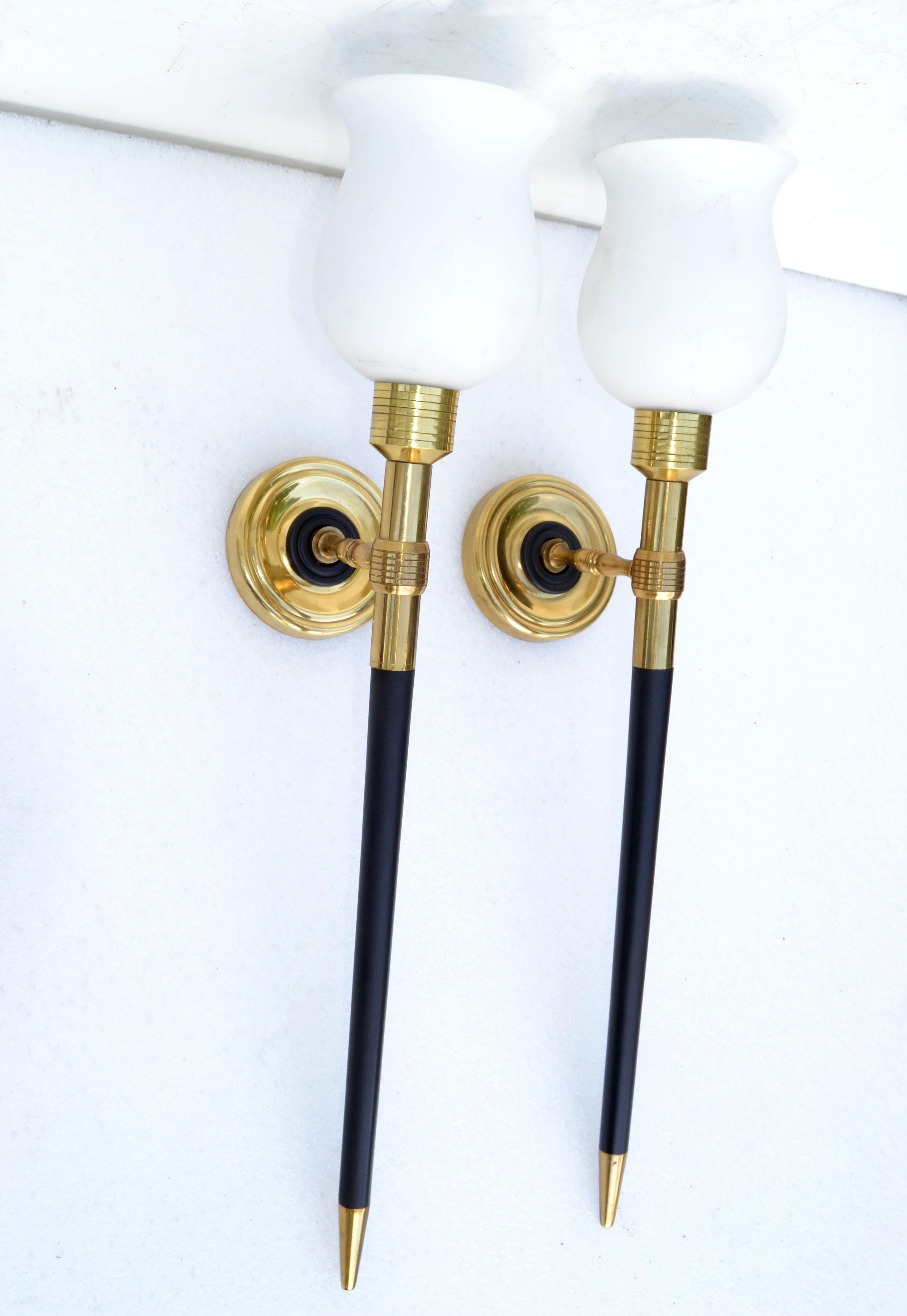 Large Maison Lancel Brass & Wood Sconces, Wall Lights Opaline Glass Shade, Pair For Sale 4