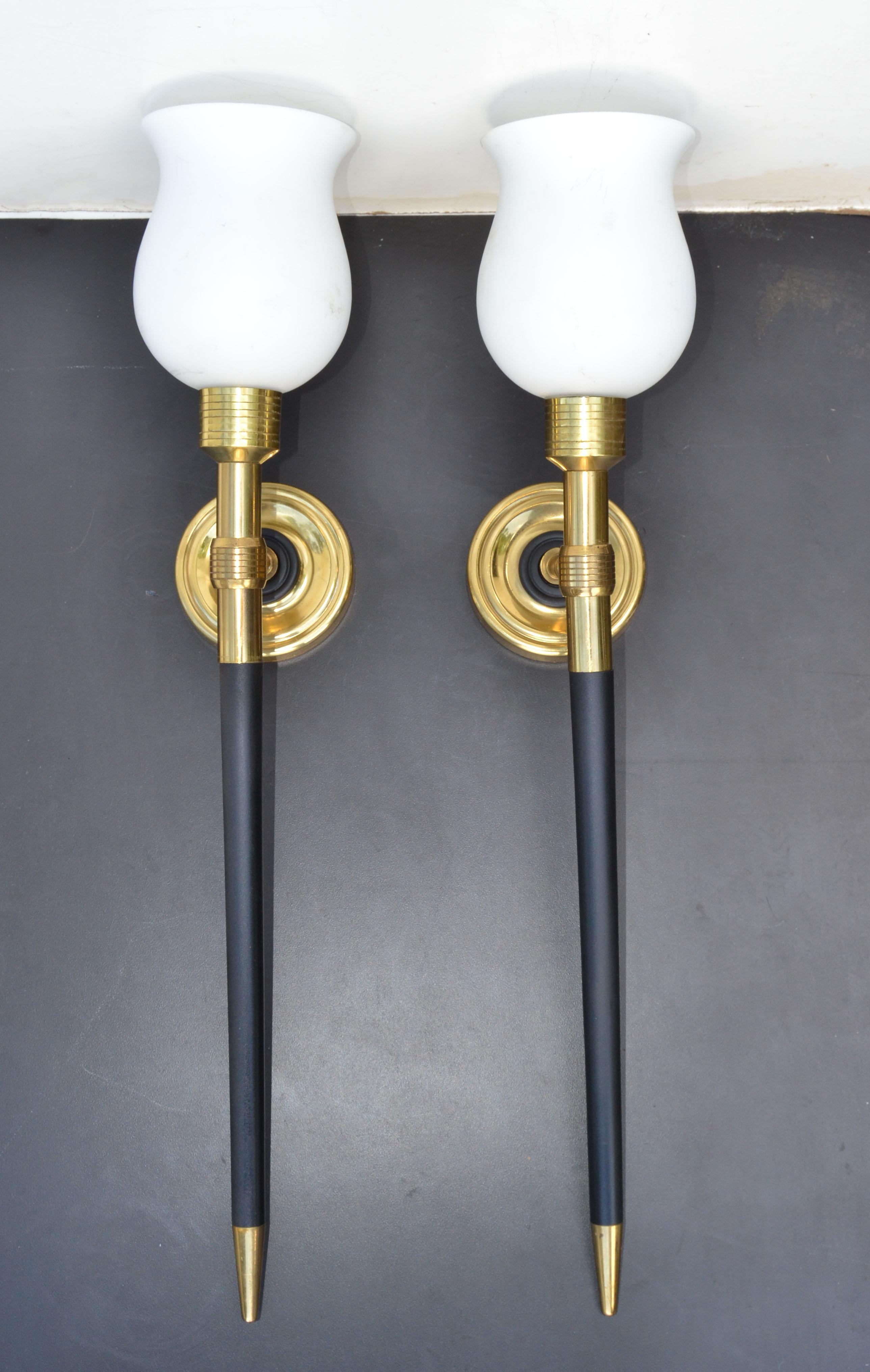 Large Maison Lancel Brass & Wood Sconces, Wall Lights Opaline Glass Shade, Pair  For Sale 5