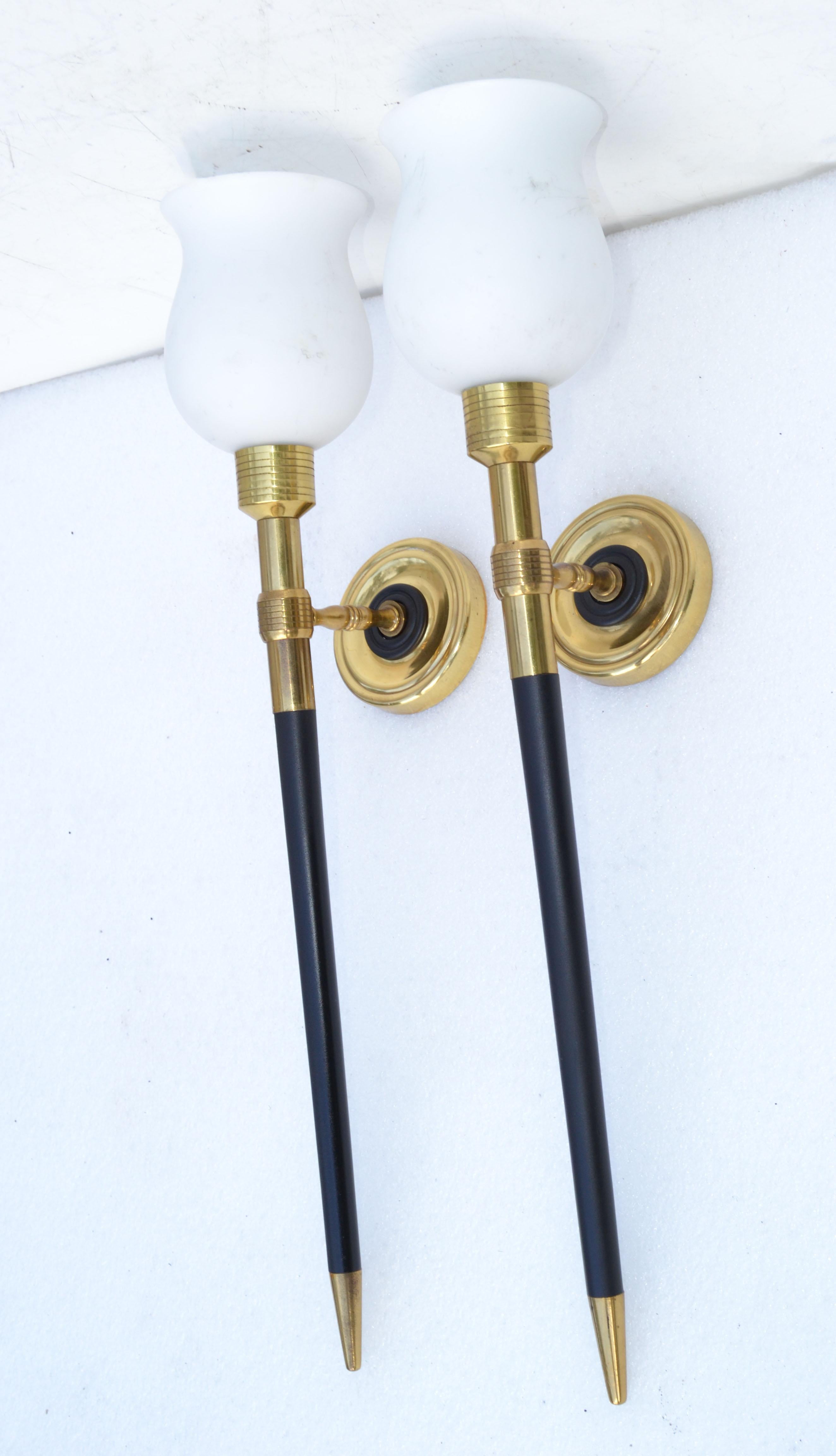 Large superb pair of Maison Lancel sconces, wall lamps in Brass and black lacquered wood.
Each comes with the blown original Opaline Glass Shade.
US rewiring and each takes one light bulb with max 60 watts or LED.
Dimension without shade: 19 H x