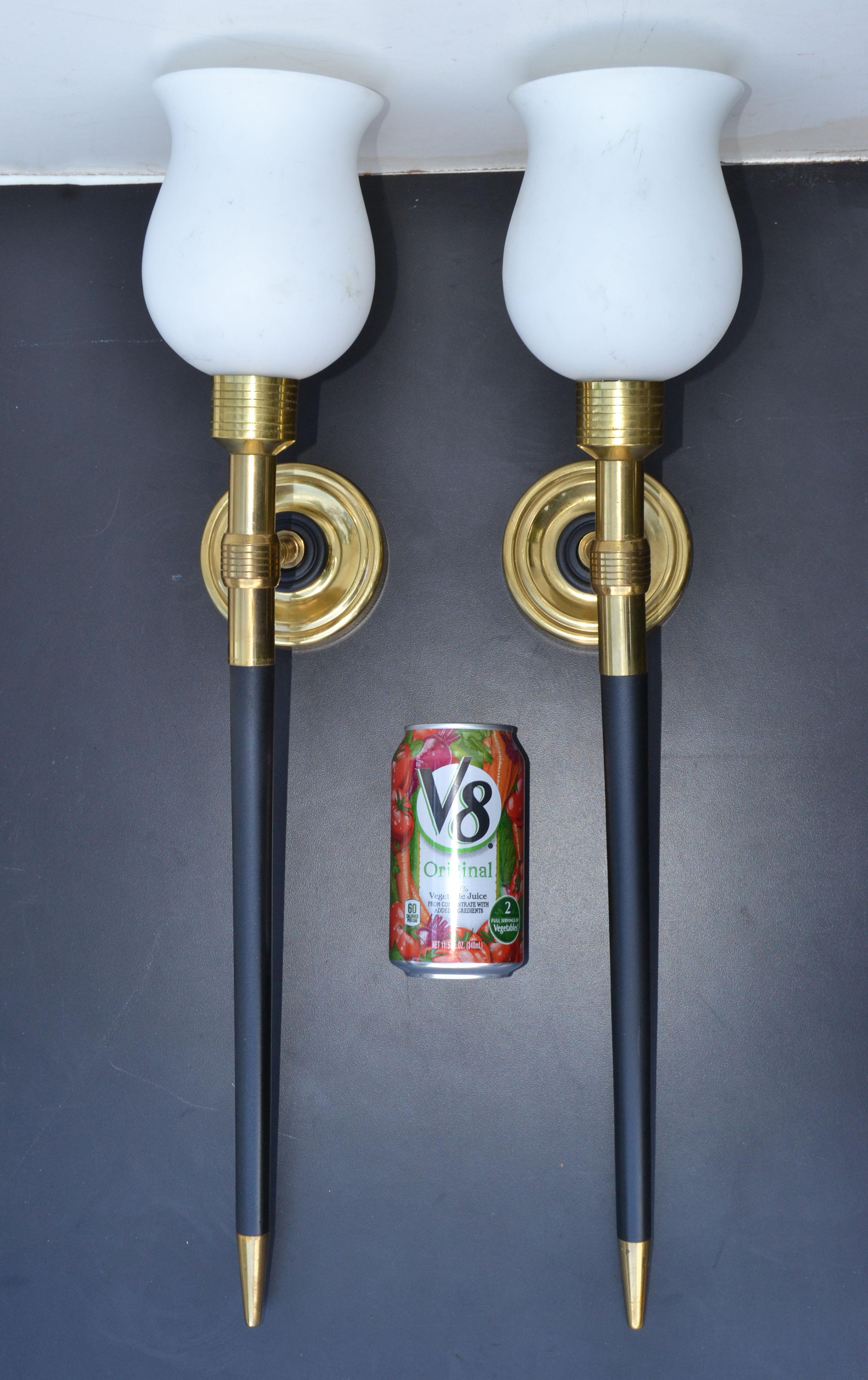 Mid-Century Modern Large Maison Lancel Brass & Wood Sconces, Wall Lights Opaline Glass Shade, Pair  For Sale