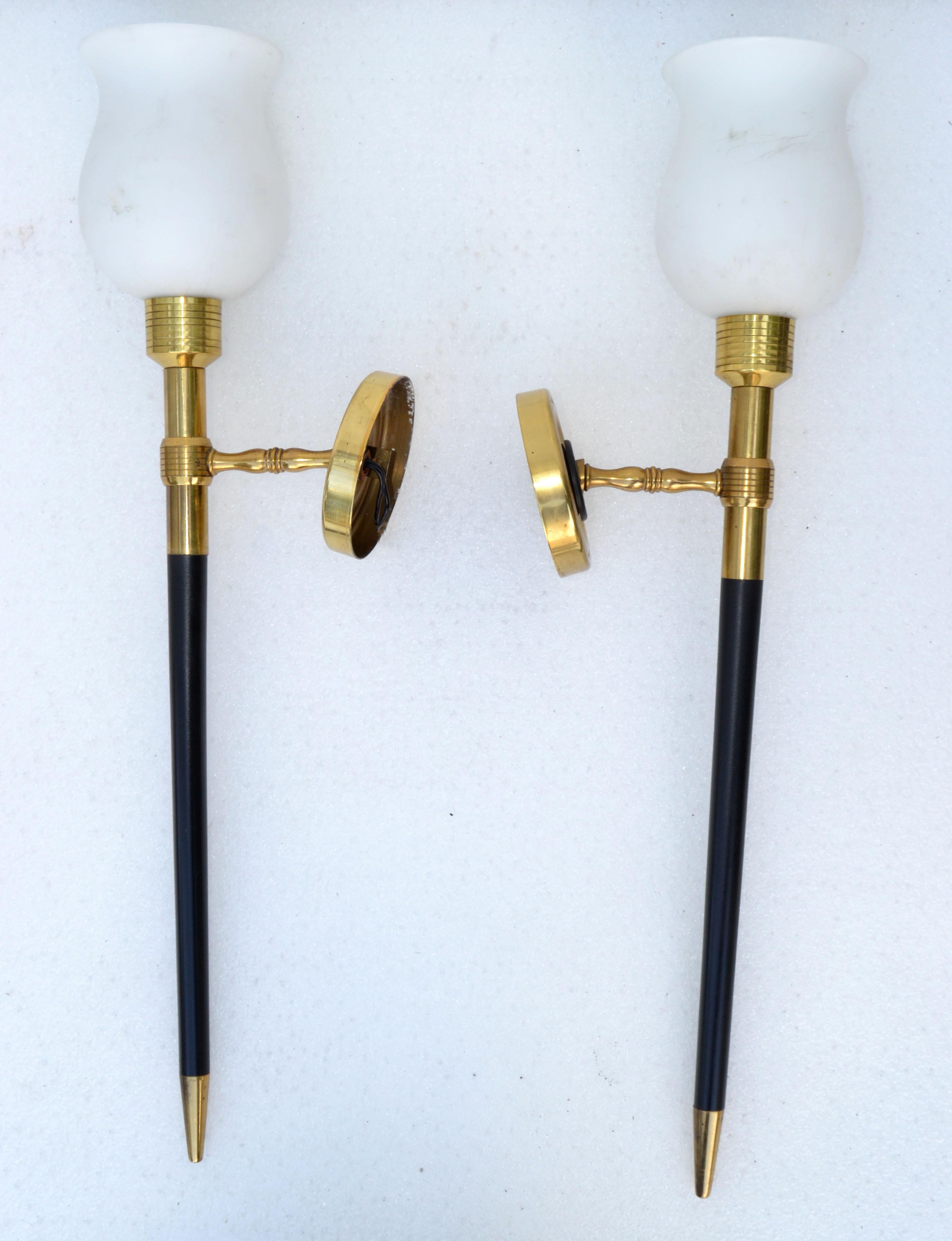 French Large Maison Lancel Brass & Wood Sconces, Wall Lights Opaline Glass Shade, Pair  For Sale