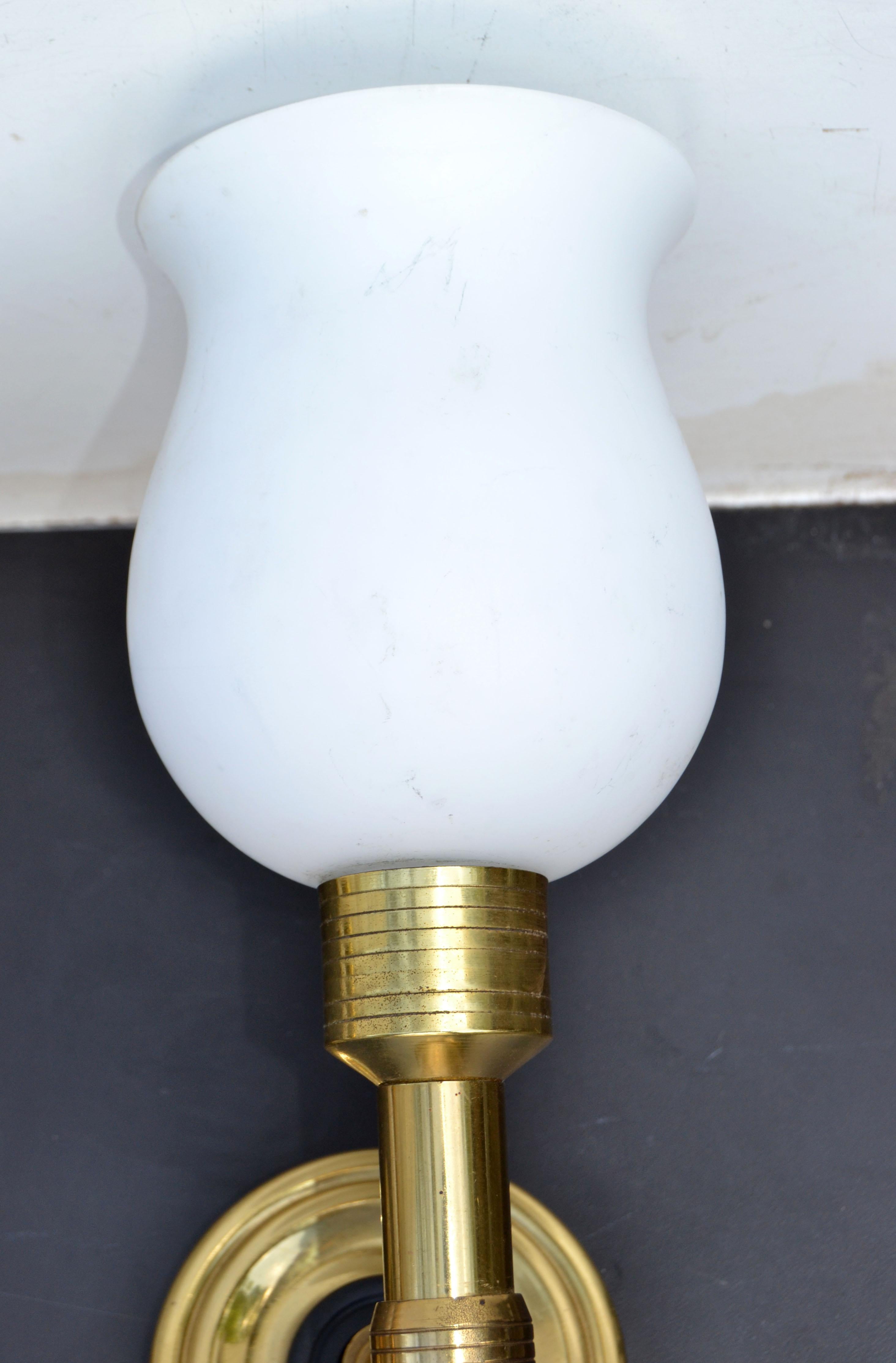 Polished Large Maison Lancel Brass & Wood Sconces, Wall Lights Opaline Glass Shade, Pair For Sale
