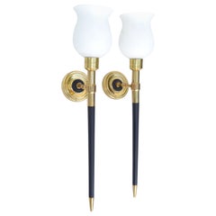Large Maison Lancel Brass & Wood Sconces, Wall Lights Opaline Glass Shade, Pair