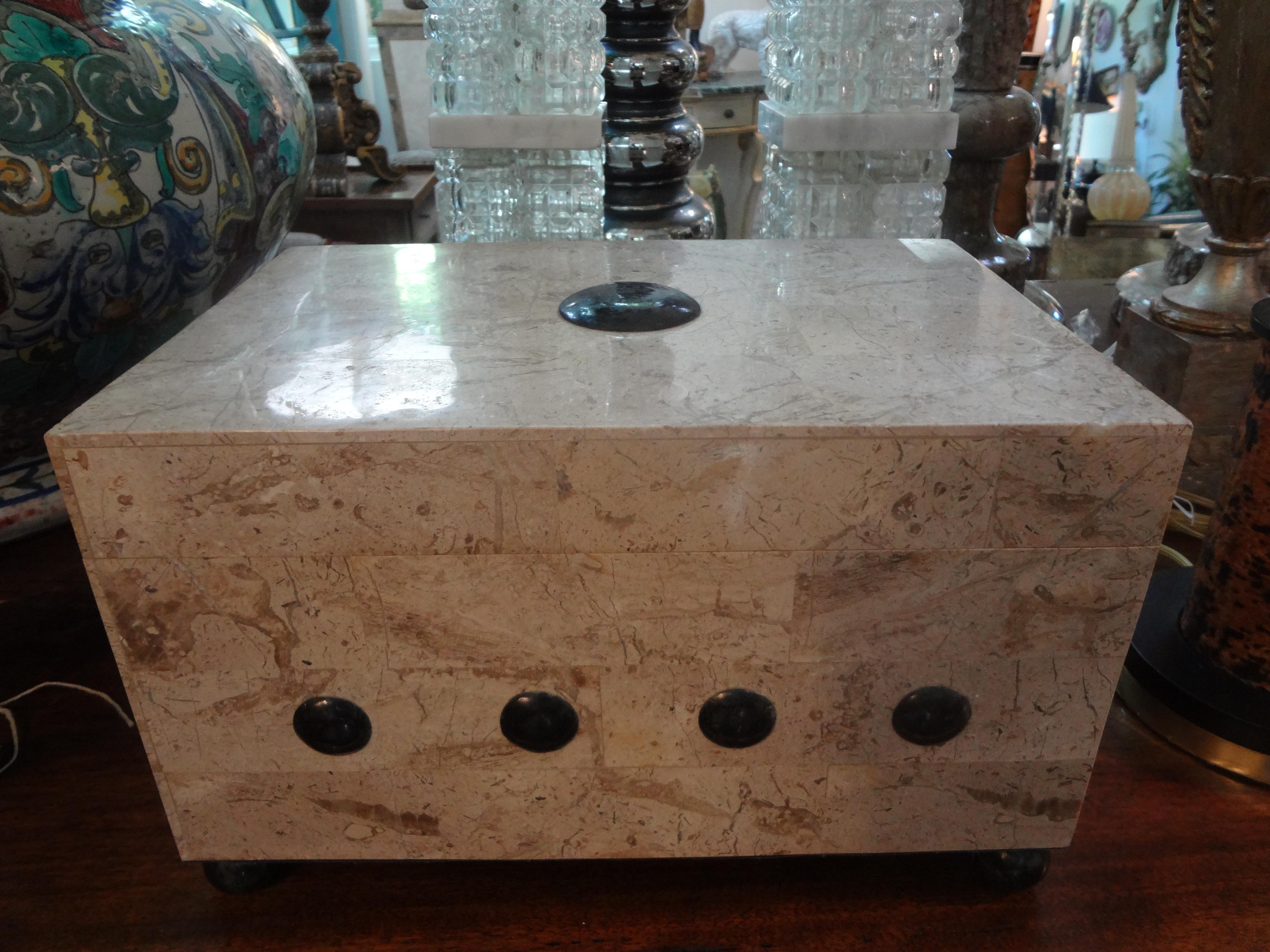 Beautifully crafted Maitland Smith tessellated stone box. This gorgeous hinged and lidded felt lined tessellated marble or stone box could be used as a jewelry box or decorative coffee table box. This vintage box is in the Art Deco style.