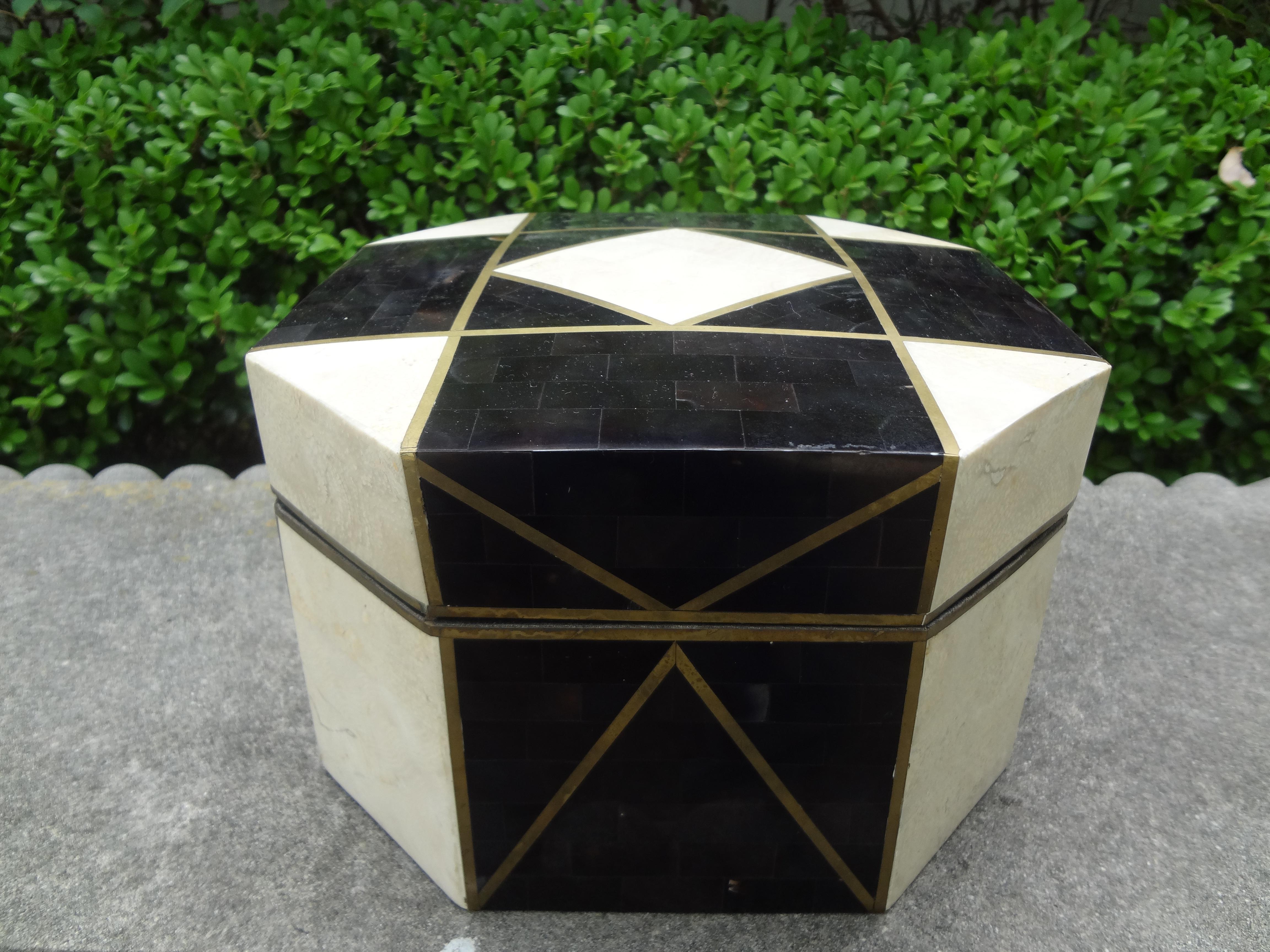Hollywood Regency Large Maitland Smith Style Tessellated Stone, Horn and Brass Box