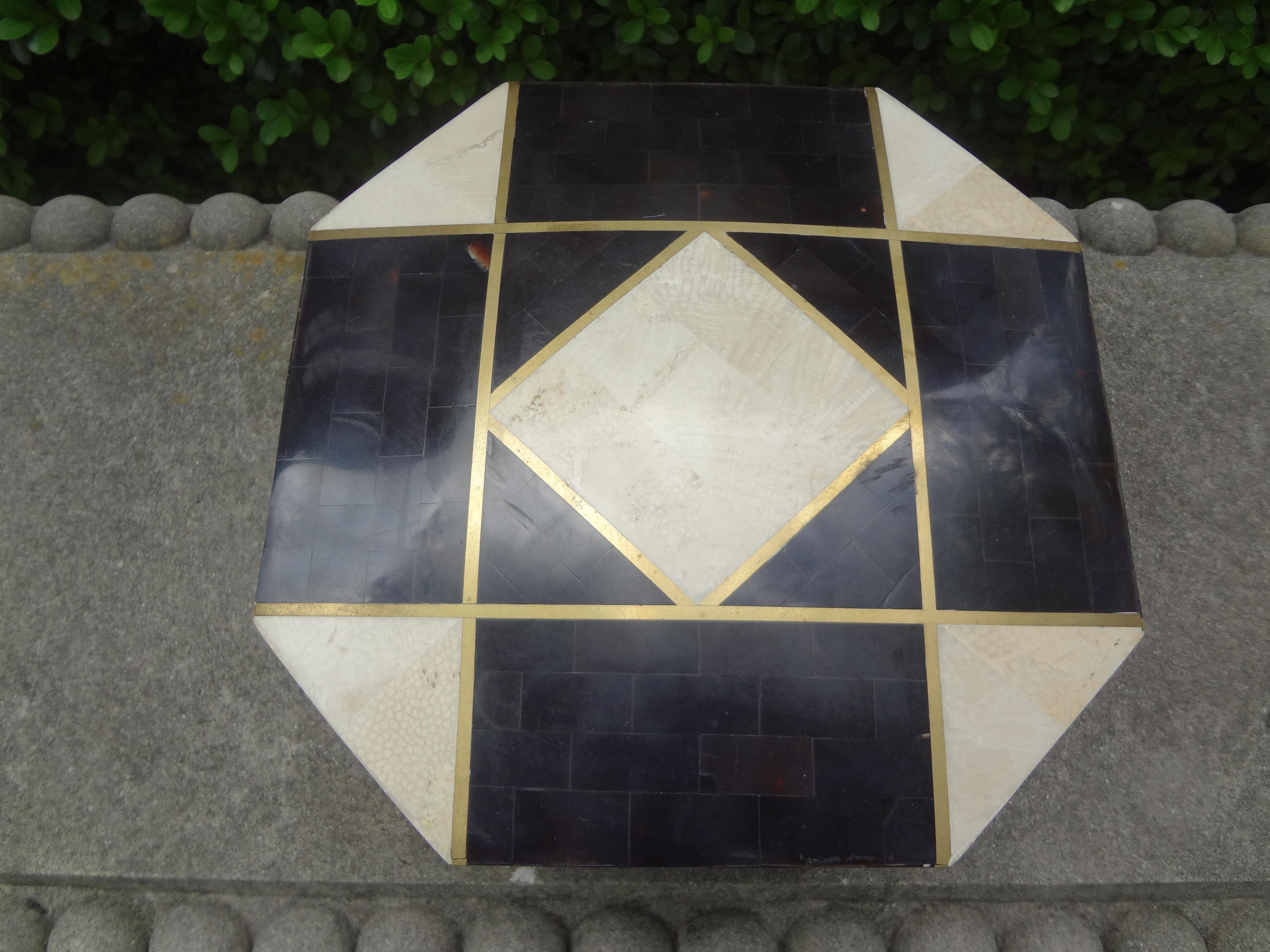Late 20th Century Large Maitland Smith Style Tessellated Stone, Horn and Brass Box
