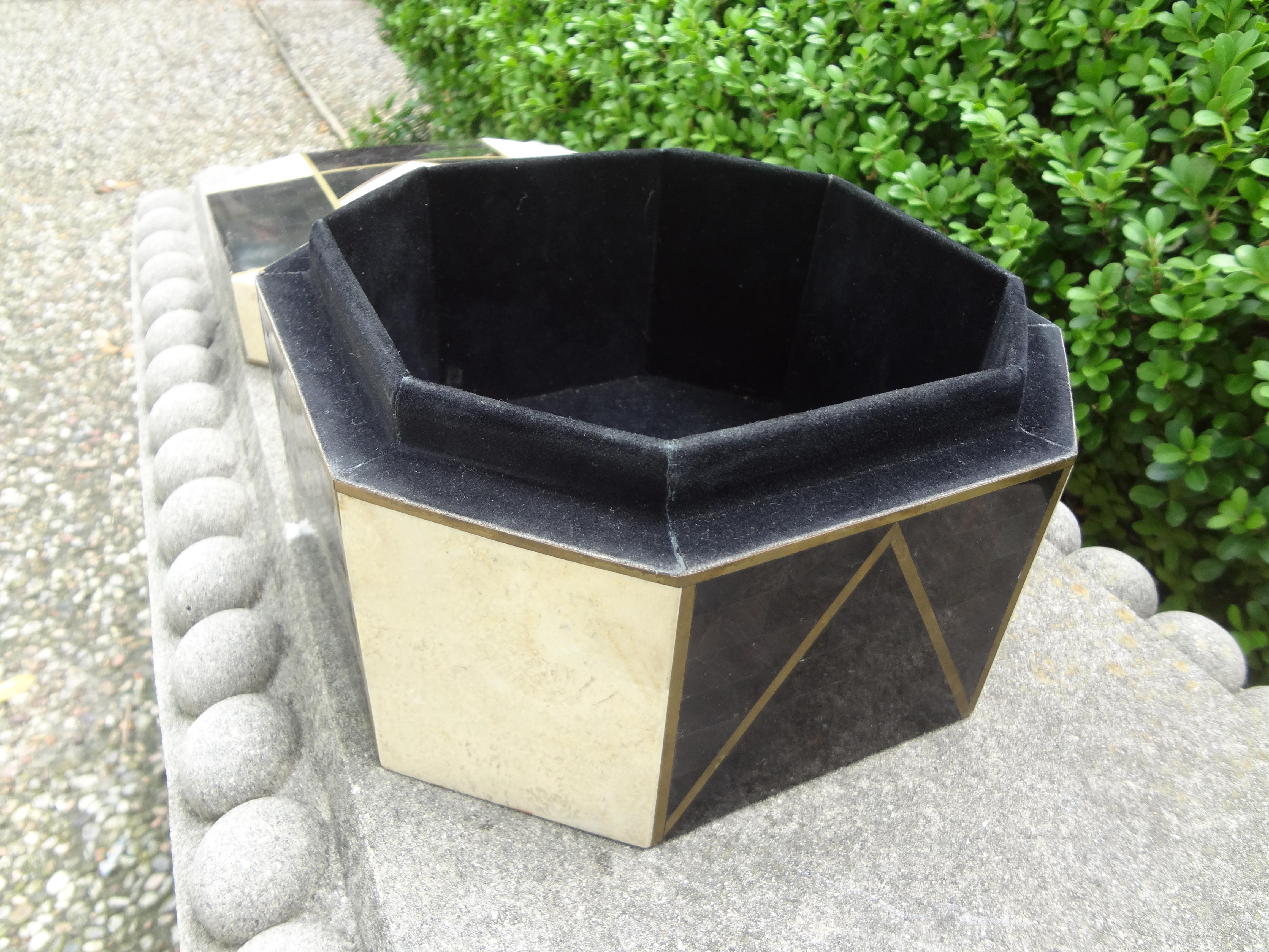 Large Maitland Smith Style Tessellated Stone, Horn and Brass Box 1