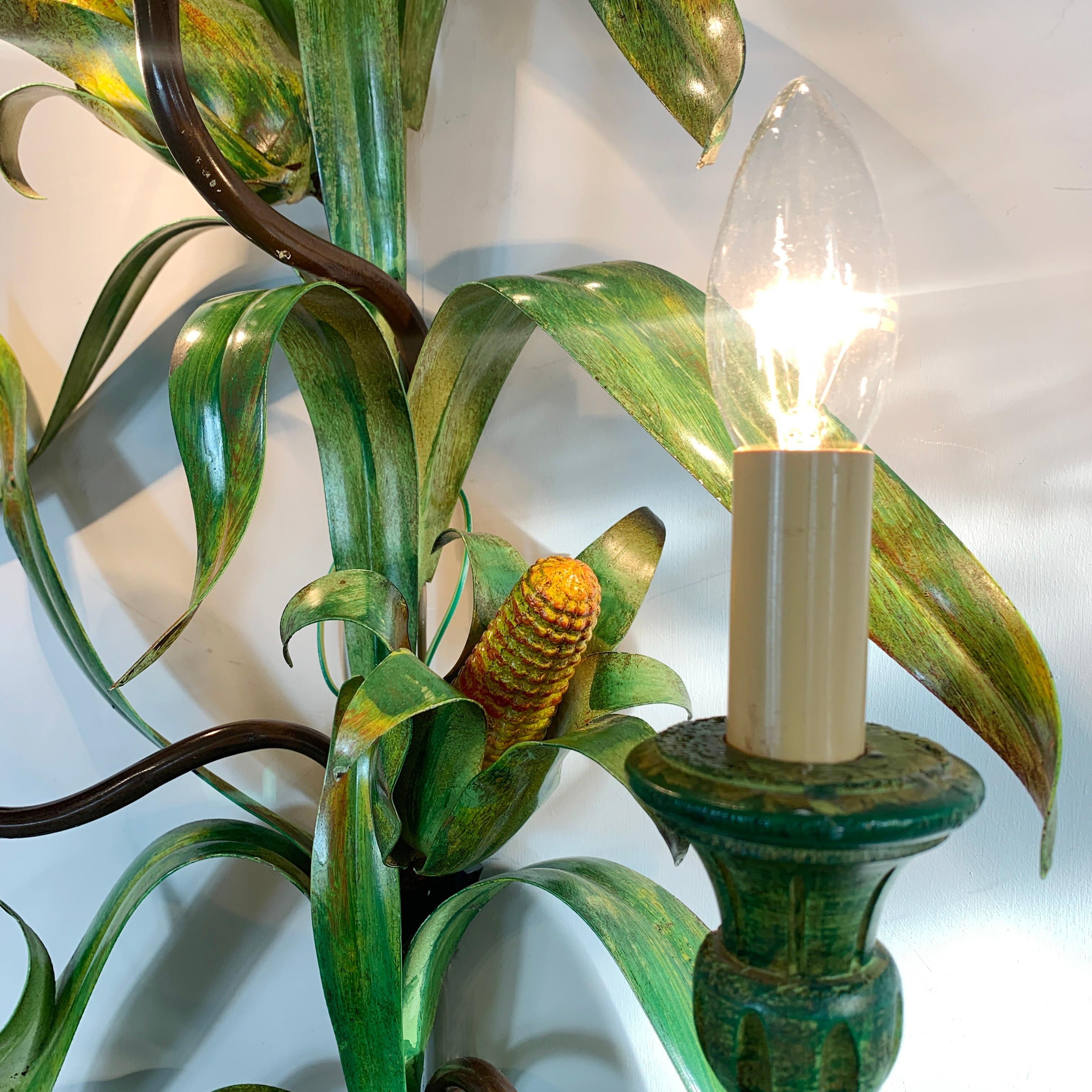 Large Green Maize Toleware Wall Light 1970's France In Good Condition For Sale In Hastings, GB