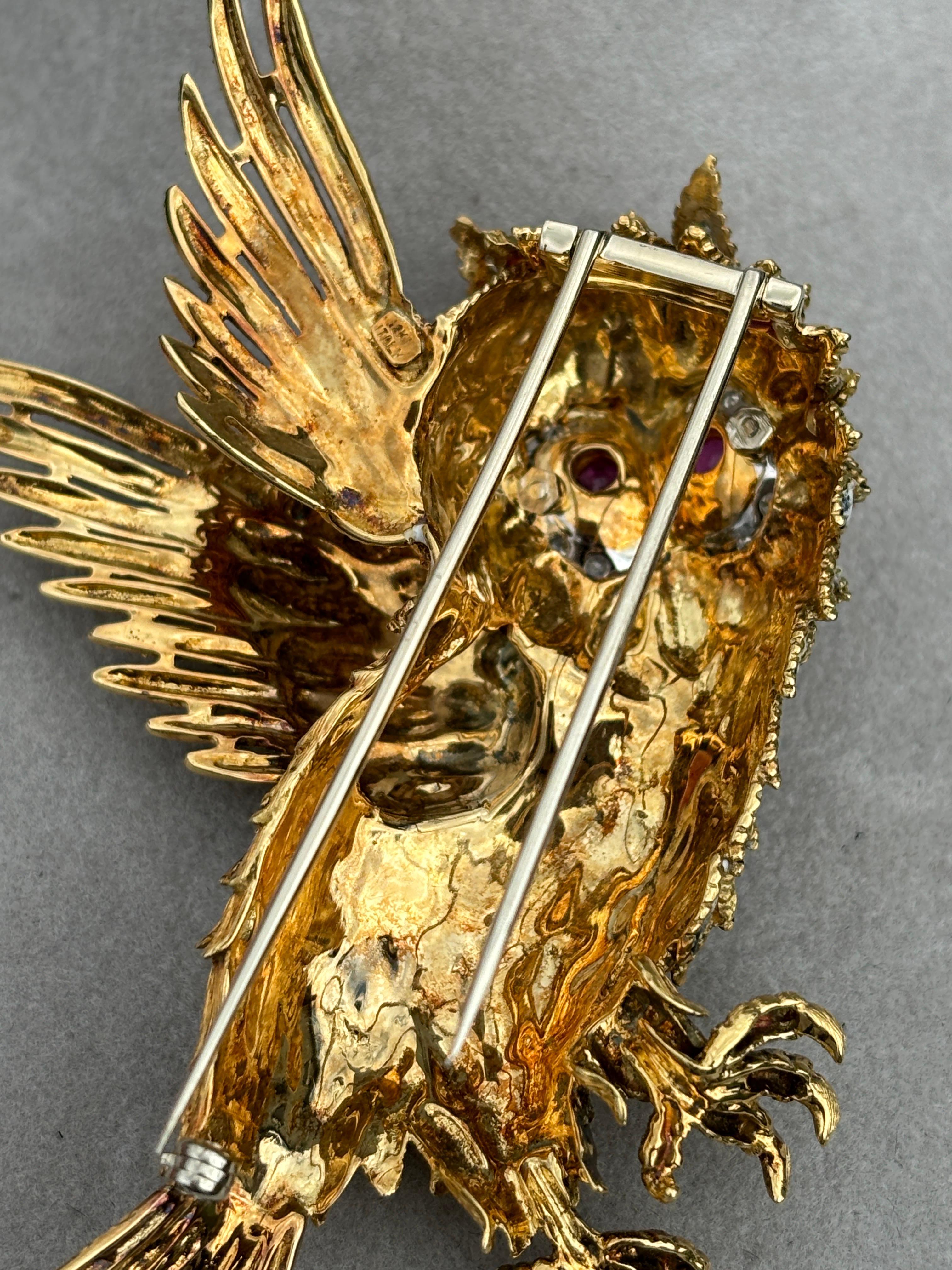 Large Majestic 18k Yellow Gold Italian Enameled Ruby & Diamond OWL Brooch For Sale 6
