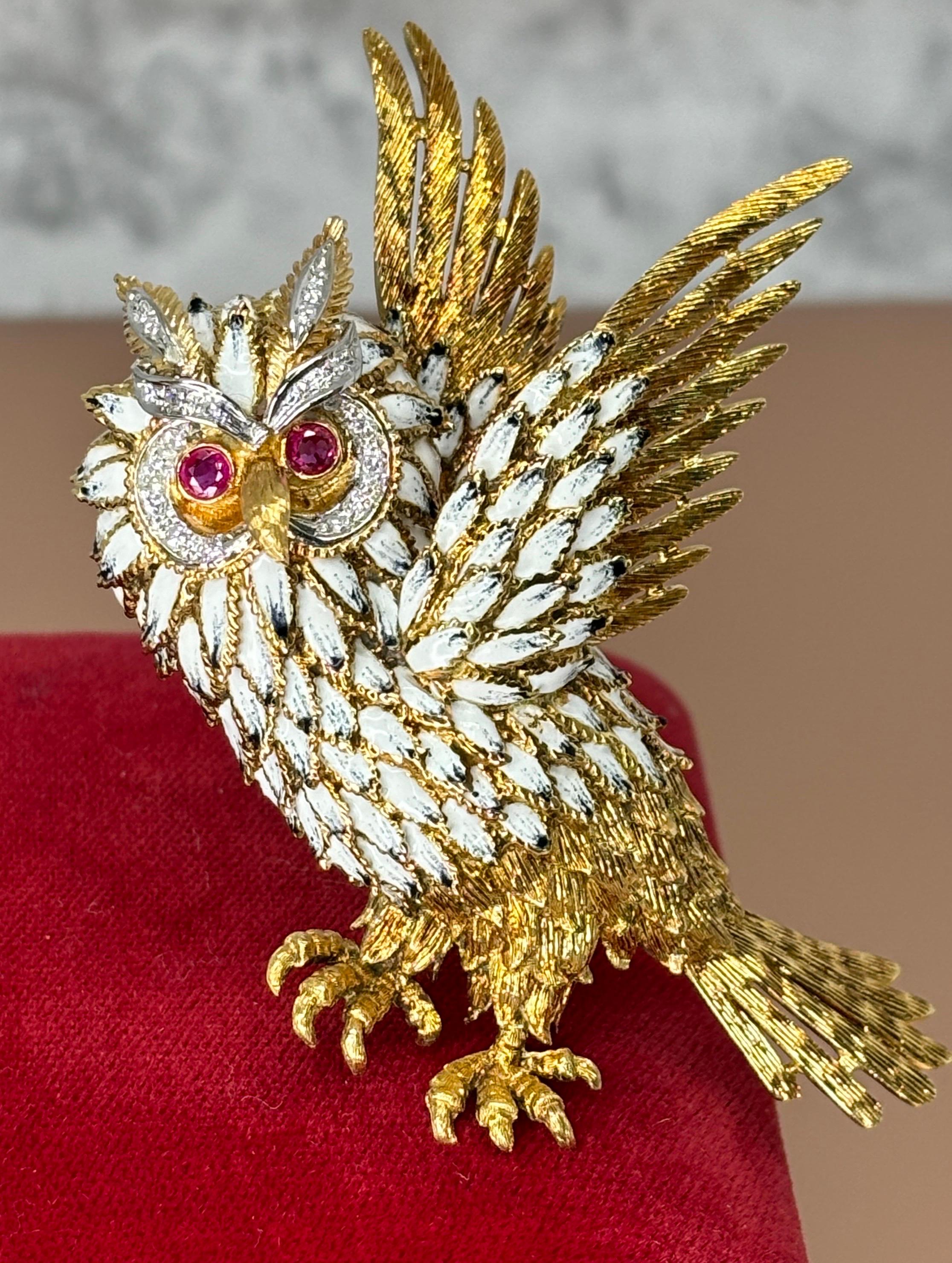 Large Majestic 18k Yellow Gold Italian Enameled Ruby & Diamond OWL Brooch For Sale 12