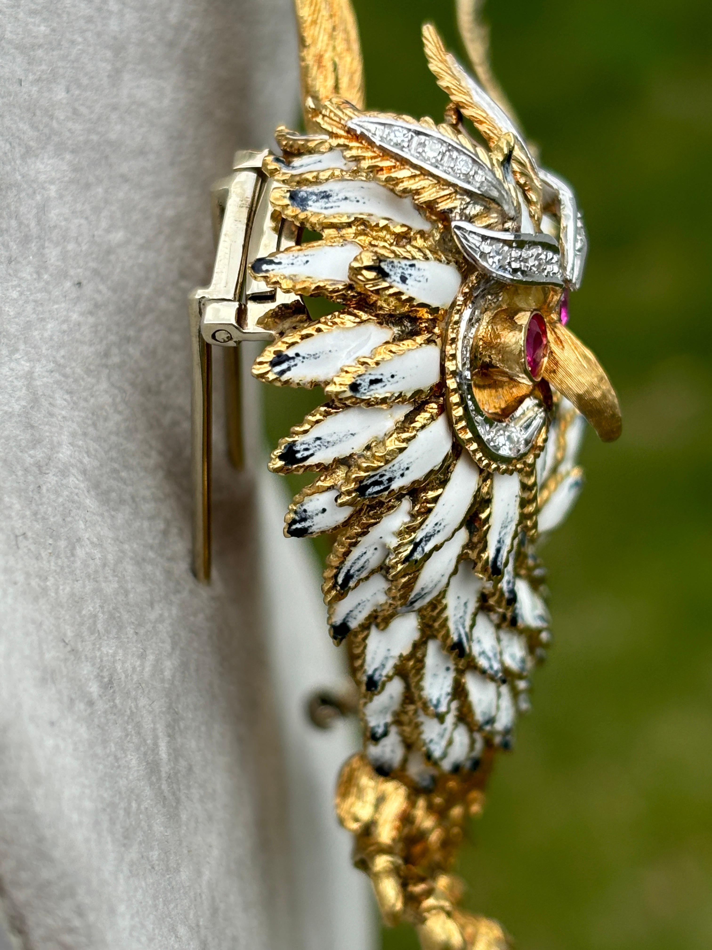 Large Majestic 18k Yellow Gold Italian Enameled Ruby & Diamond OWL Brooch For Sale 3