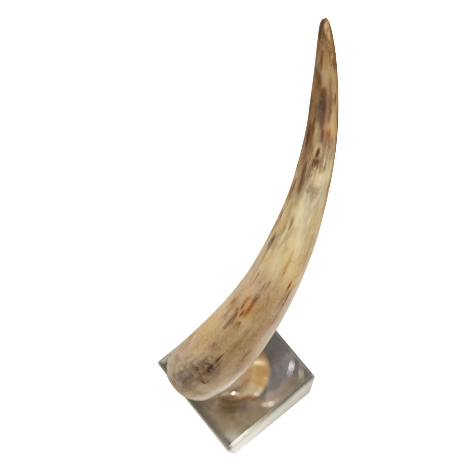 Hand-Crafted Large Majestic Horn Mounted On A Mirrored Cube Base 1970's For Sale