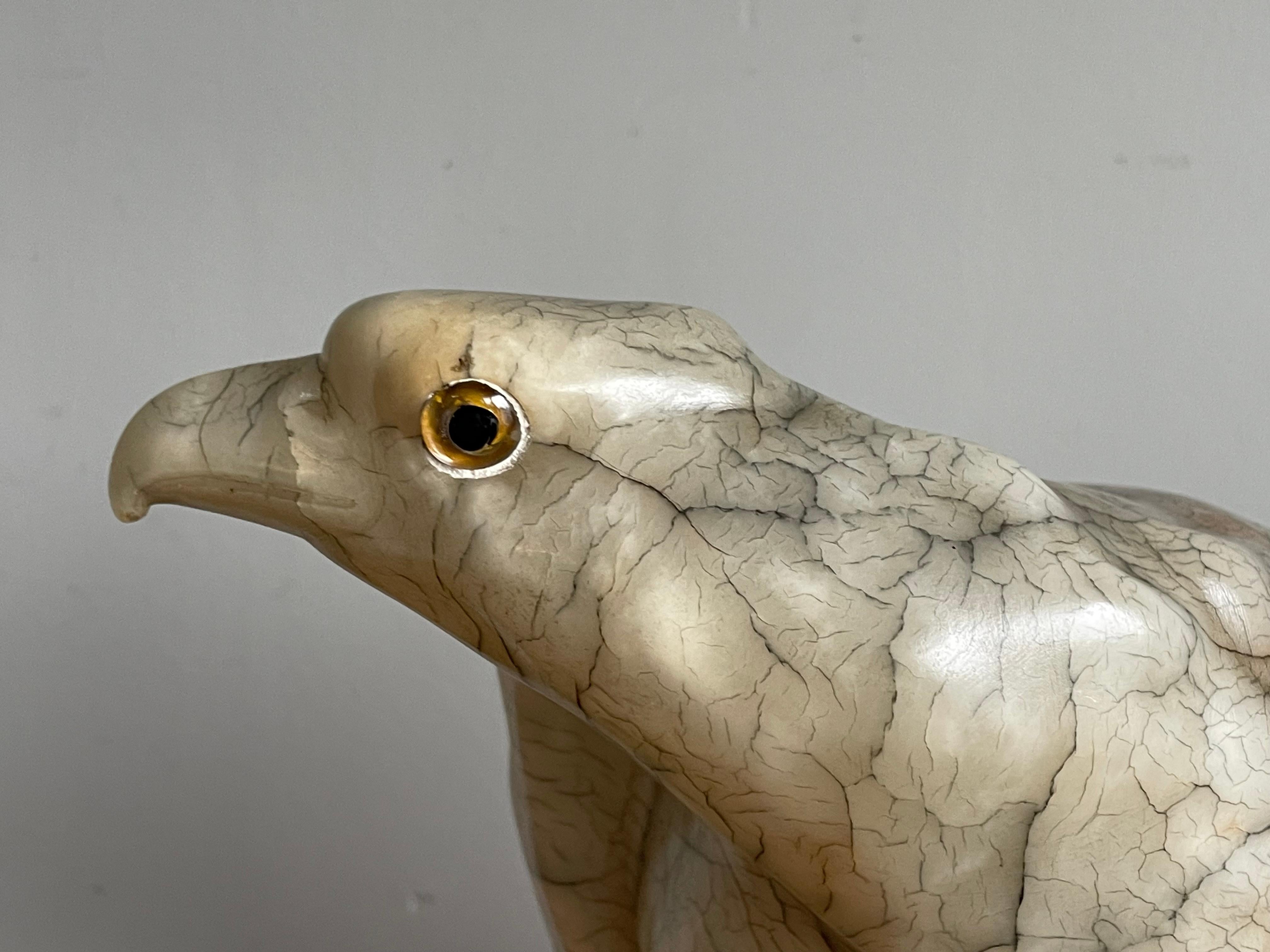 Large Majestic & Lifelike Antique Alabaster Bald Eagle Sculpture w. Glass Eyes For Sale 3