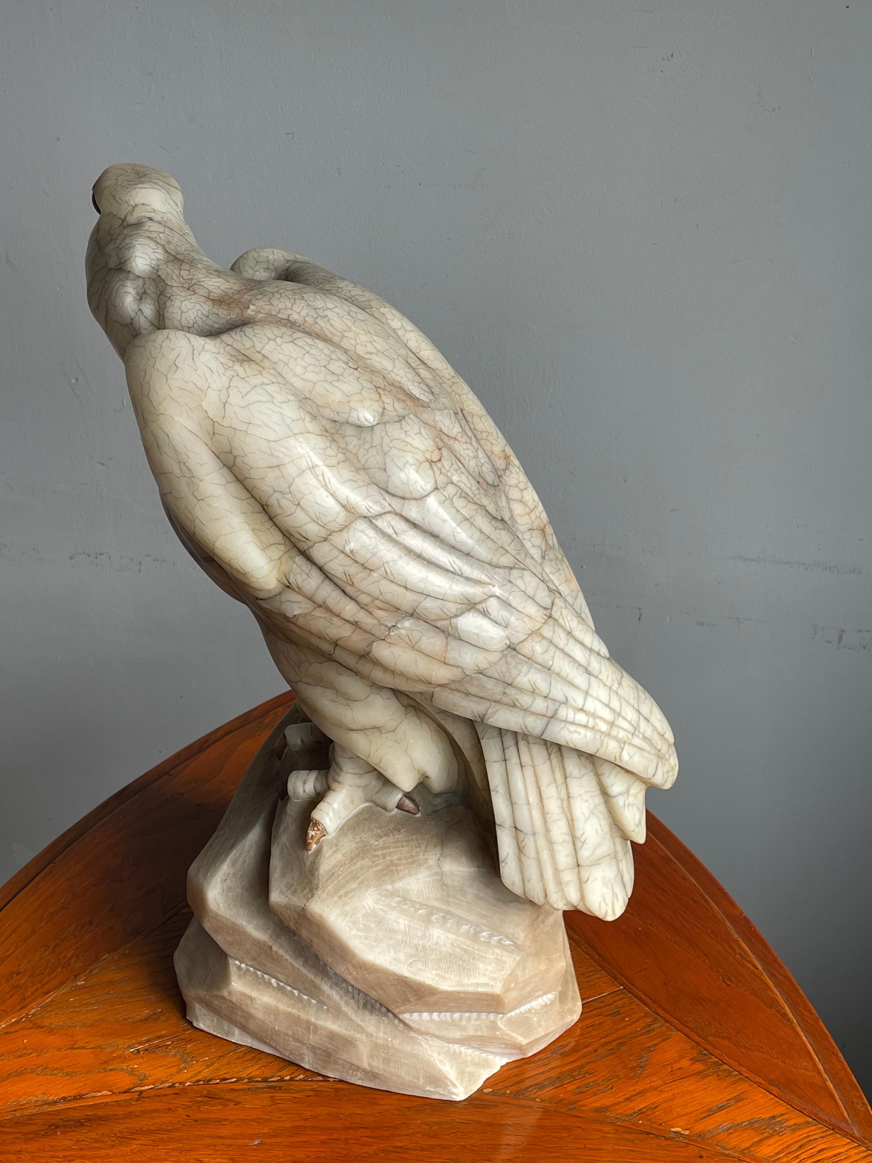 Large Majestic & Lifelike Antique Alabaster Bald Eagle Sculpture w. Glass Eyes For Sale 4