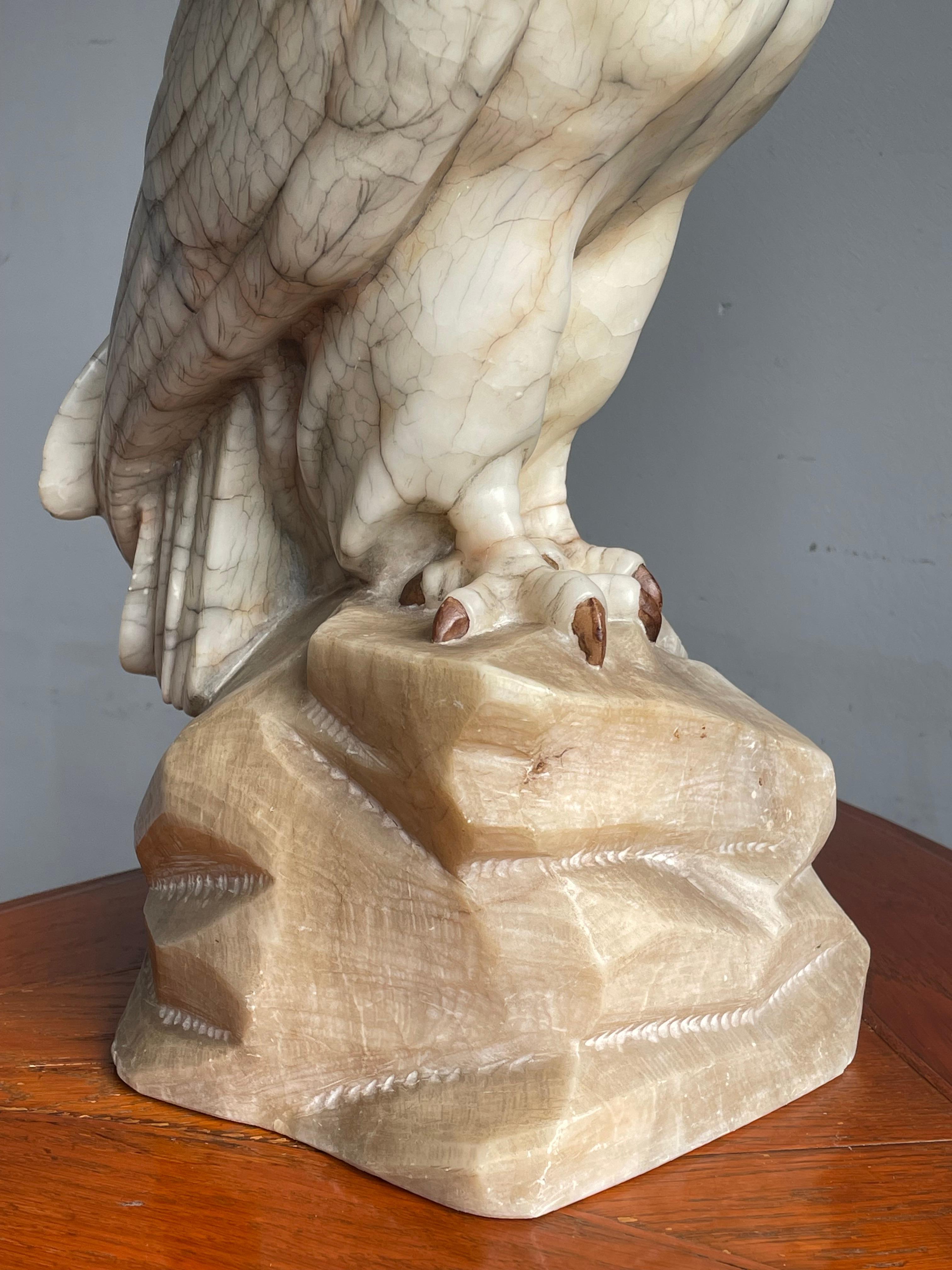 Large Majestic & Lifelike Antique Alabaster Bald Eagle Sculpture w. Glass Eyes For Sale 6