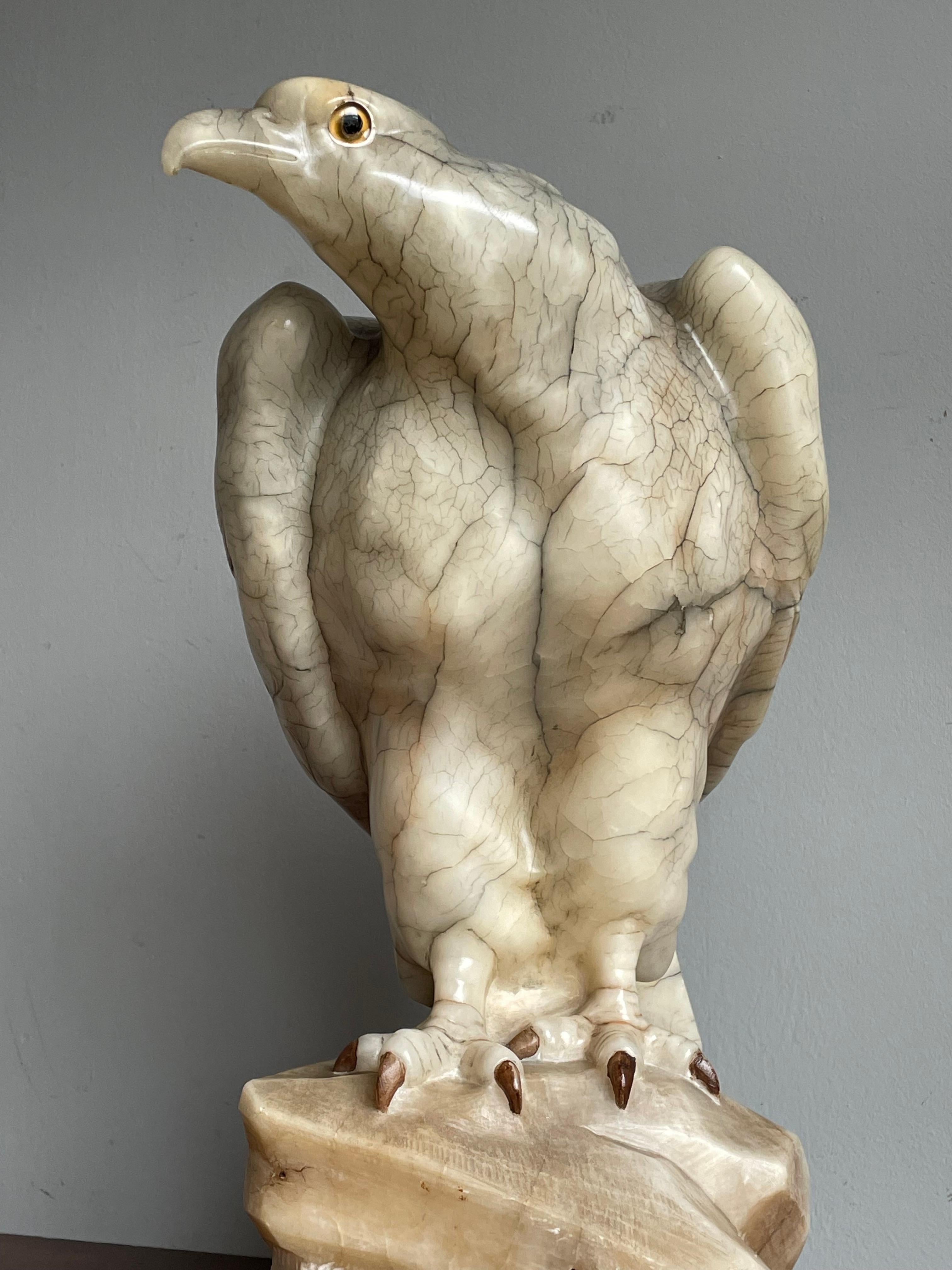 Large Majestic & Lifelike Antique Alabaster Bald Eagle Sculpture w. Glass Eyes For Sale 9