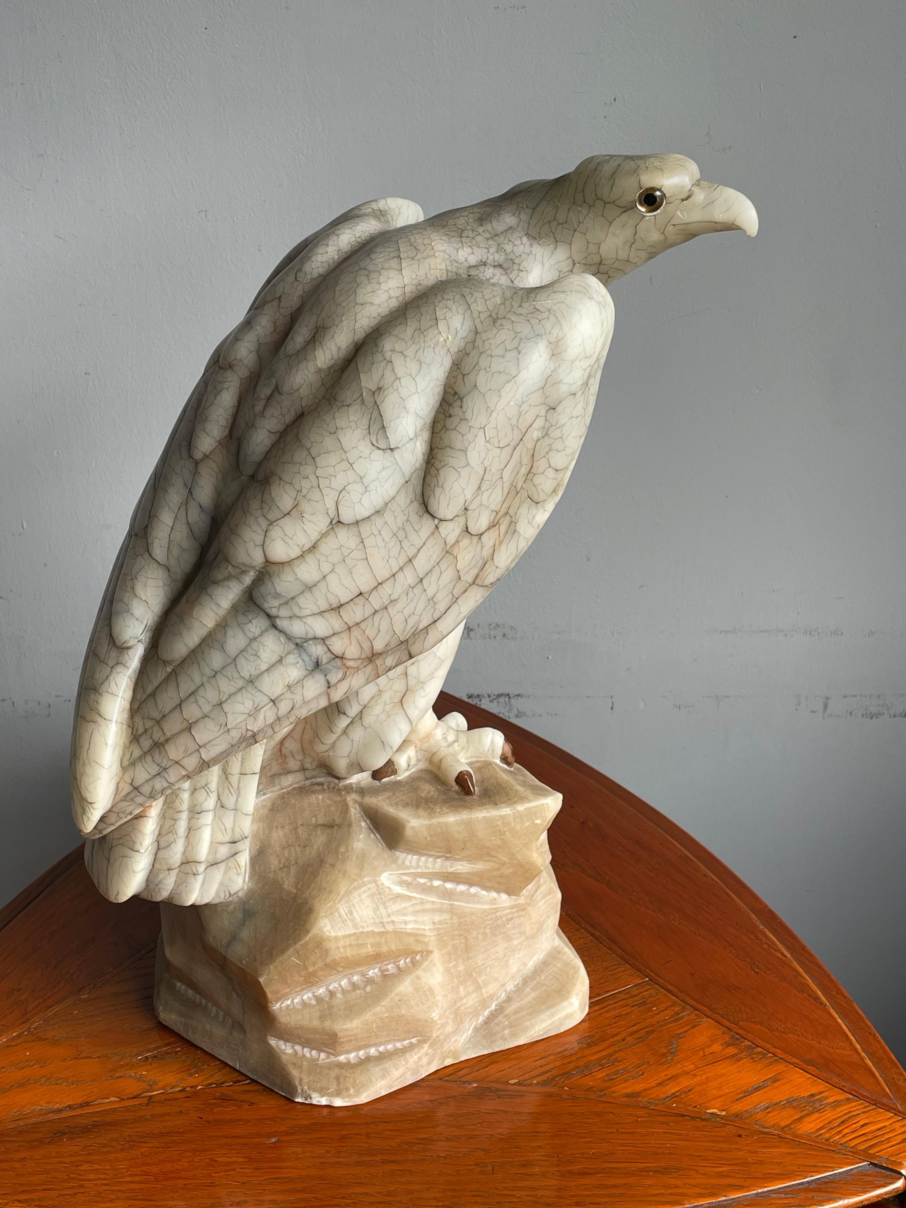 Large Majestic & Lifelike Antique Alabaster Bald Eagle Sculpture w. Glass Eyes 10