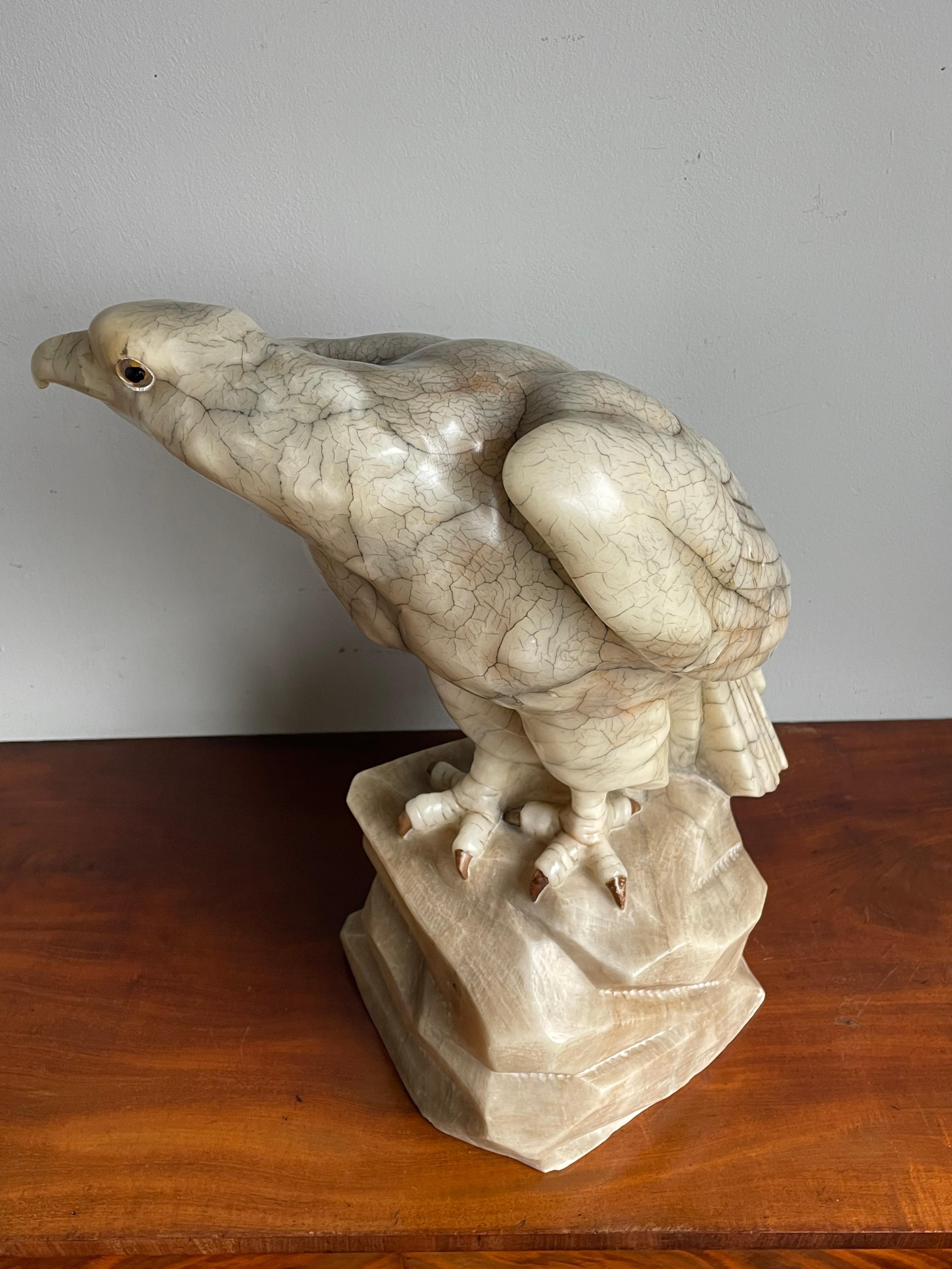 Large Majestic & Lifelike Antique Alabaster Bald Eagle Sculpture w. Glass Eyes For Sale 12