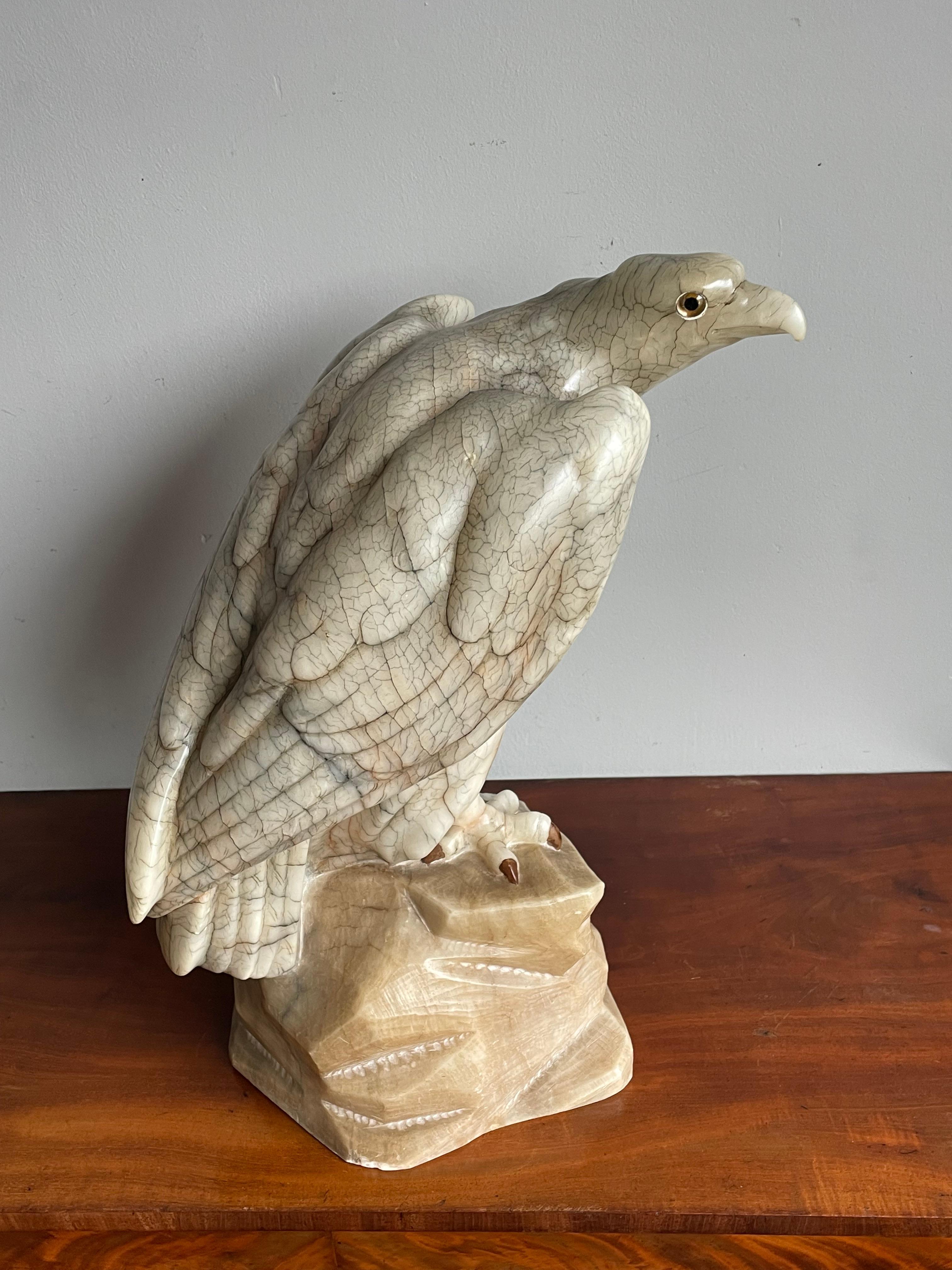 Large Majestic & Lifelike Antique Alabaster Bald Eagle Sculpture w. Glass Eyes For Sale 13
