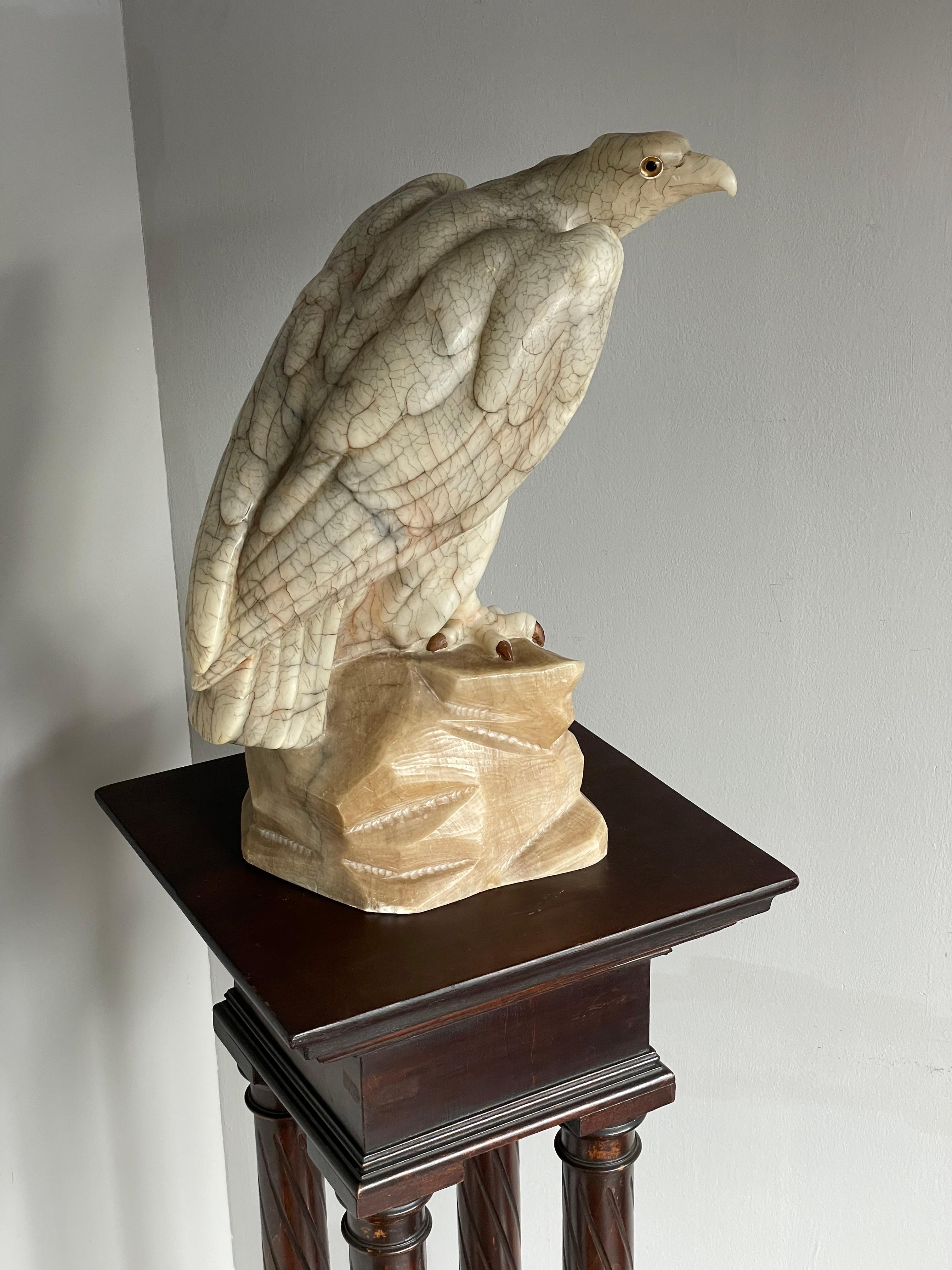 Arts and Crafts Large Majestic & Lifelike Antique Alabaster Bald Eagle Sculpture w. Glass Eyes For Sale