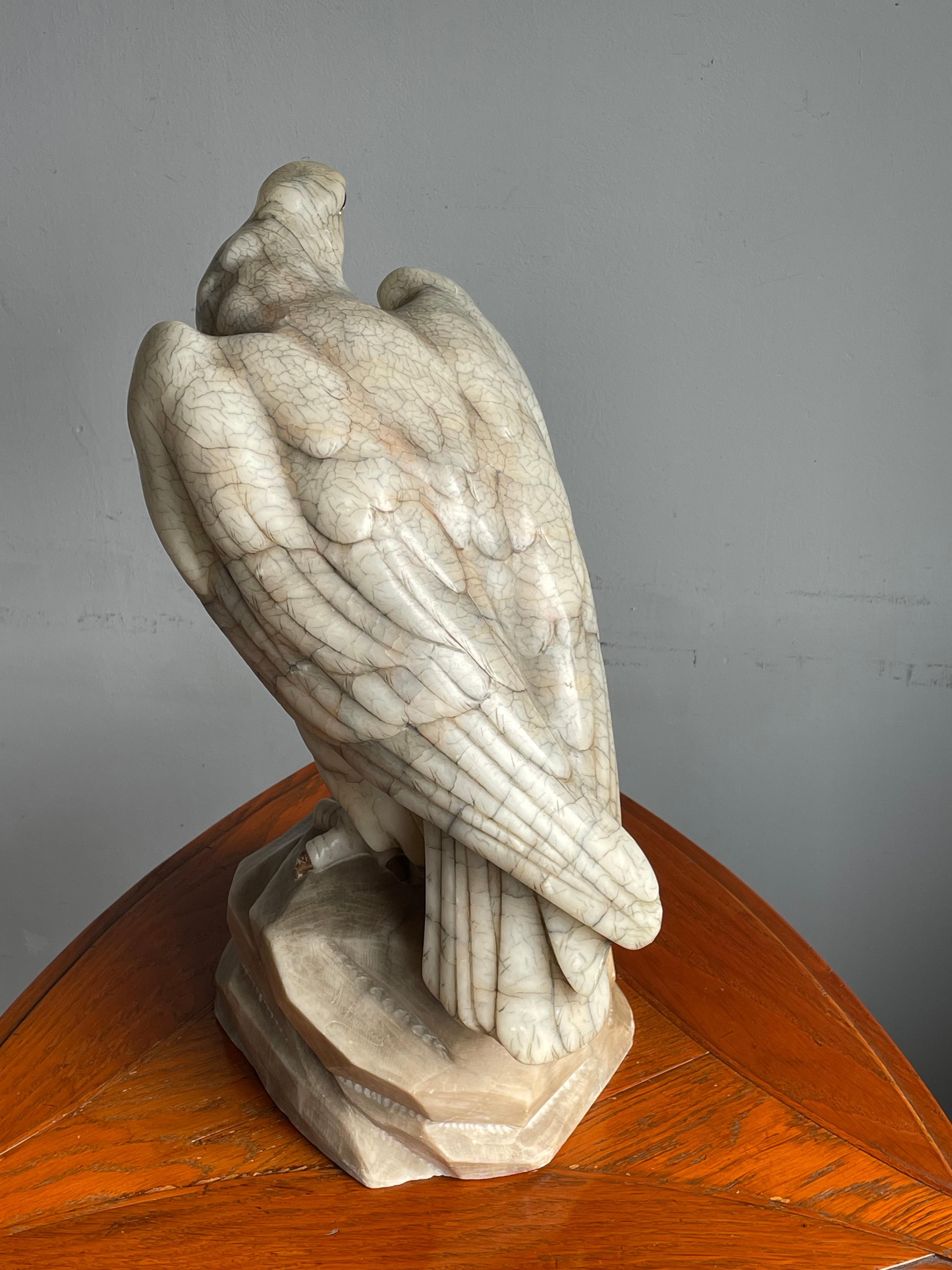 European Large Majestic & Lifelike Antique Alabaster Bald Eagle Sculpture w. Glass Eyes