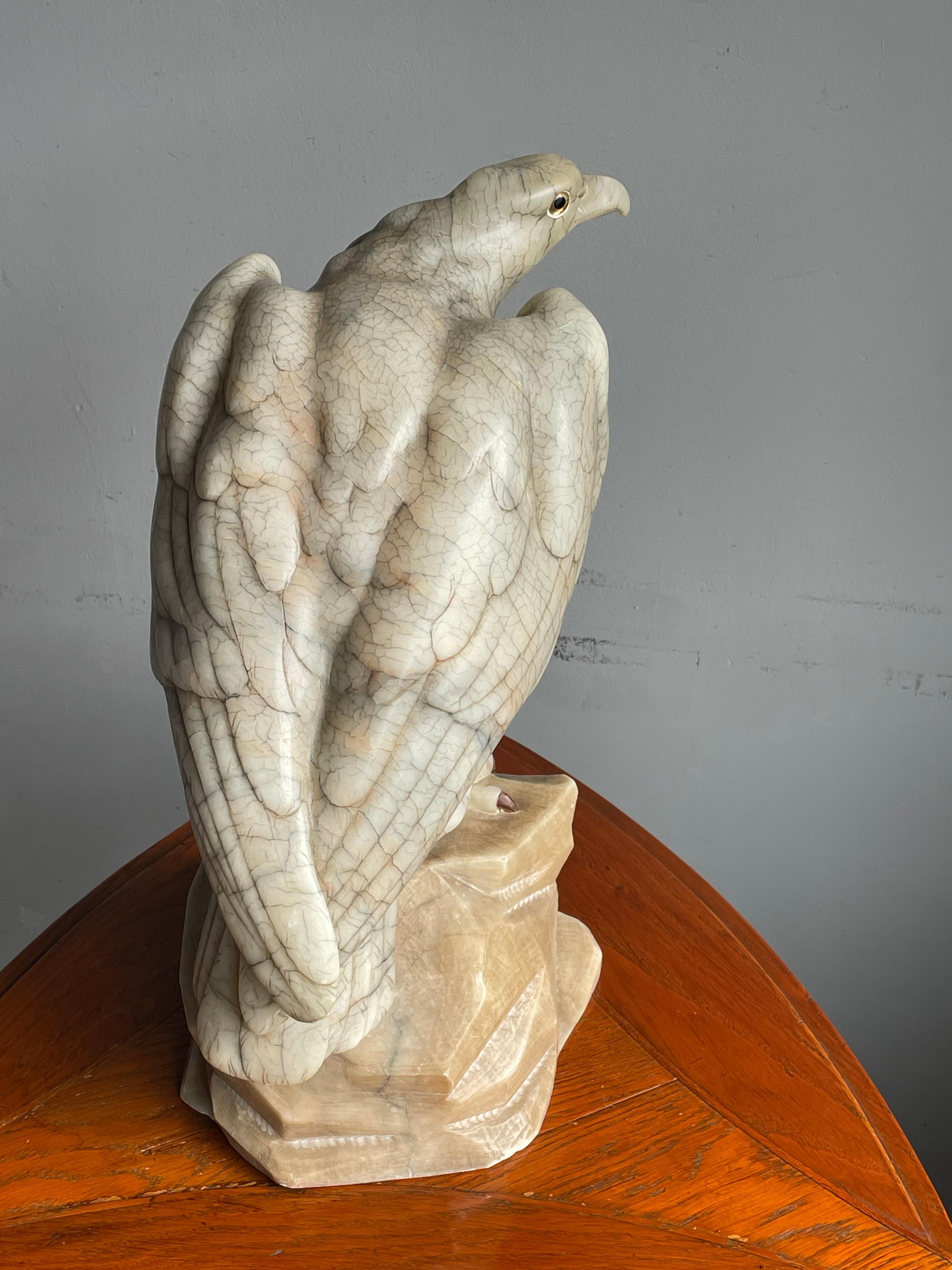 Hand-Carved Large Majestic & Lifelike Antique Alabaster Bald Eagle Sculpture w. Glass Eyes