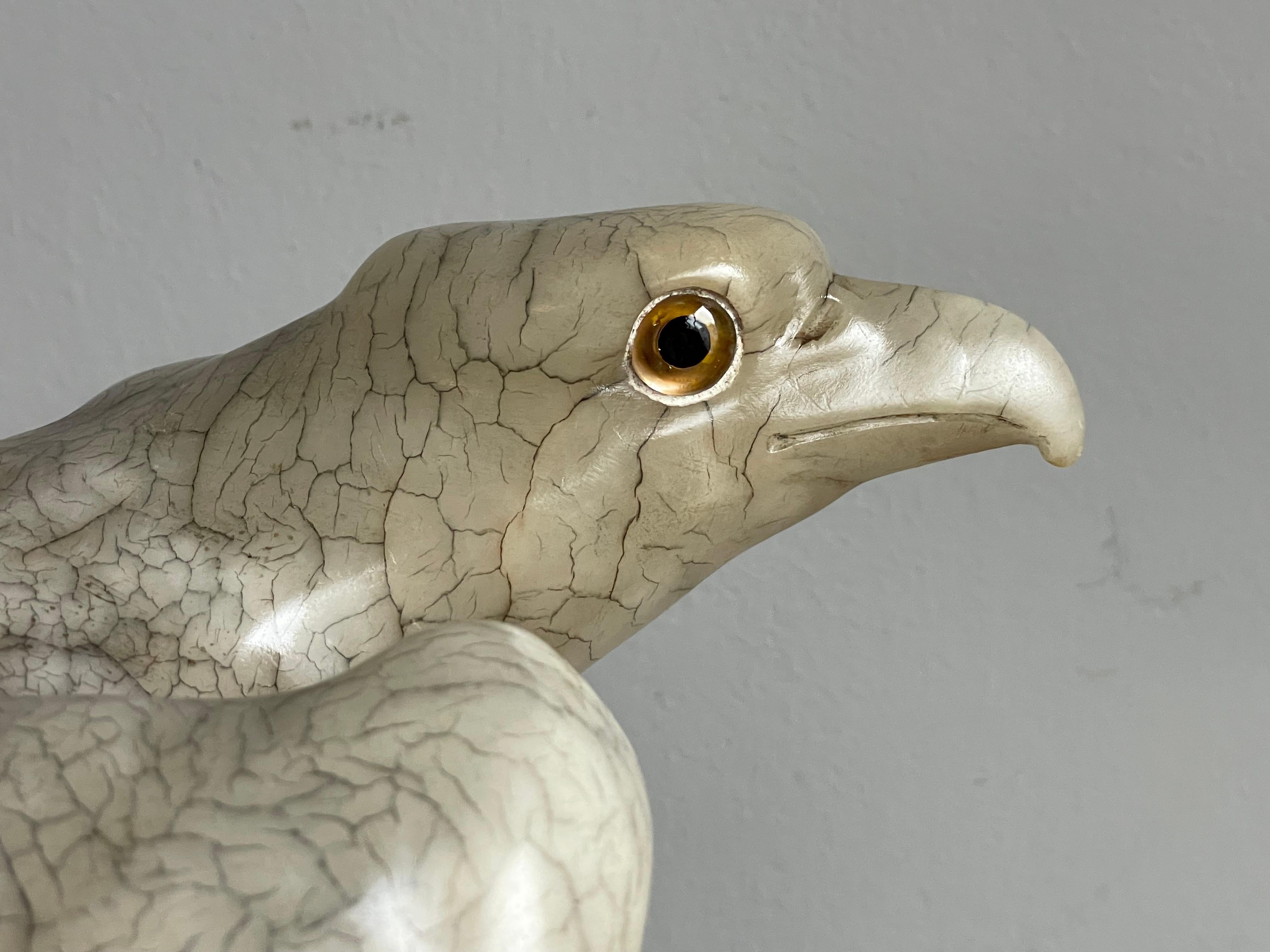 19th Century Large Majestic & Lifelike Antique Alabaster Bald Eagle Sculpture w. Glass Eyes