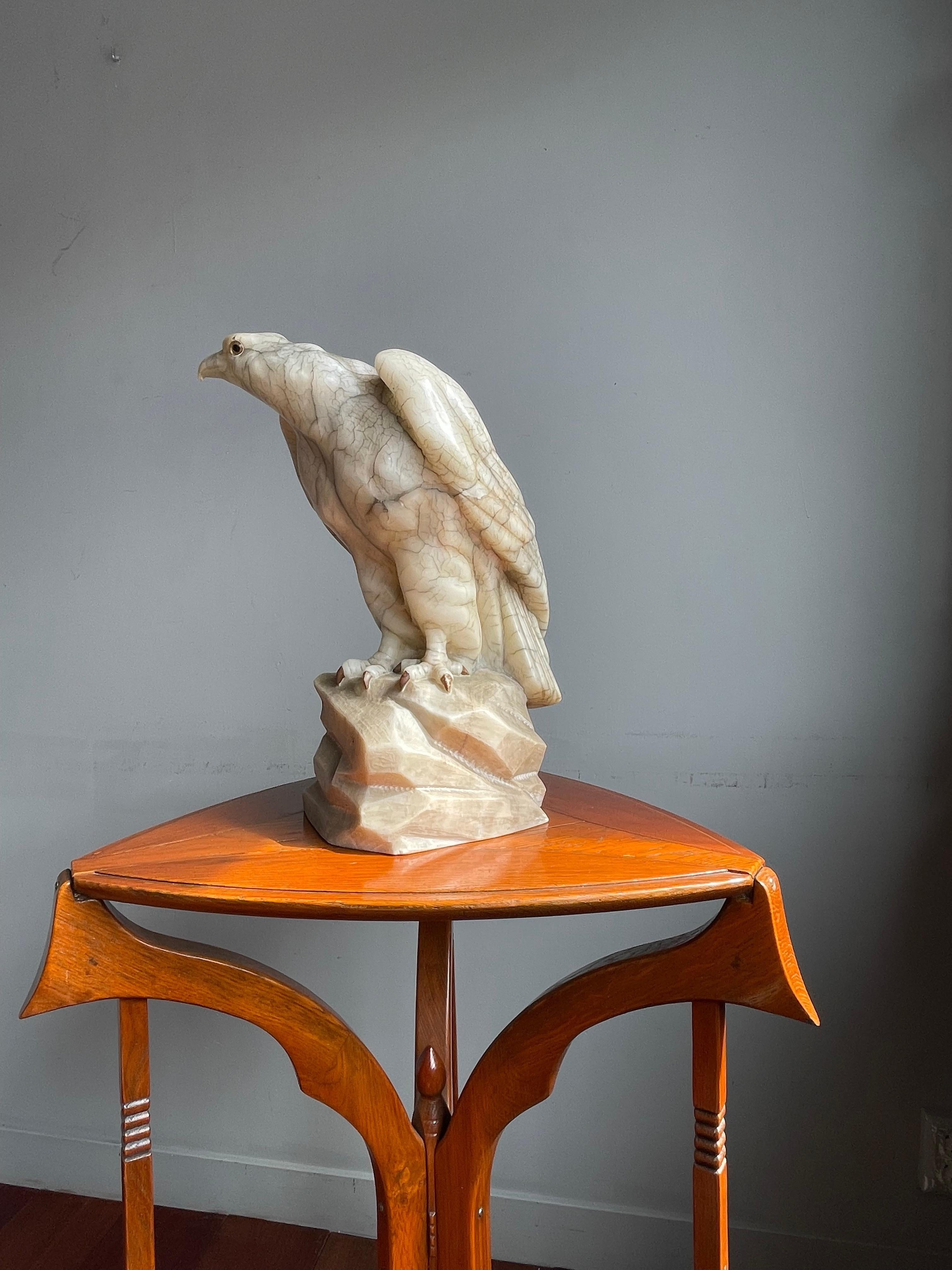 Large Majestic & Lifelike Antique Alabaster Bald Eagle Sculpture w. Glass Eyes For Sale 1