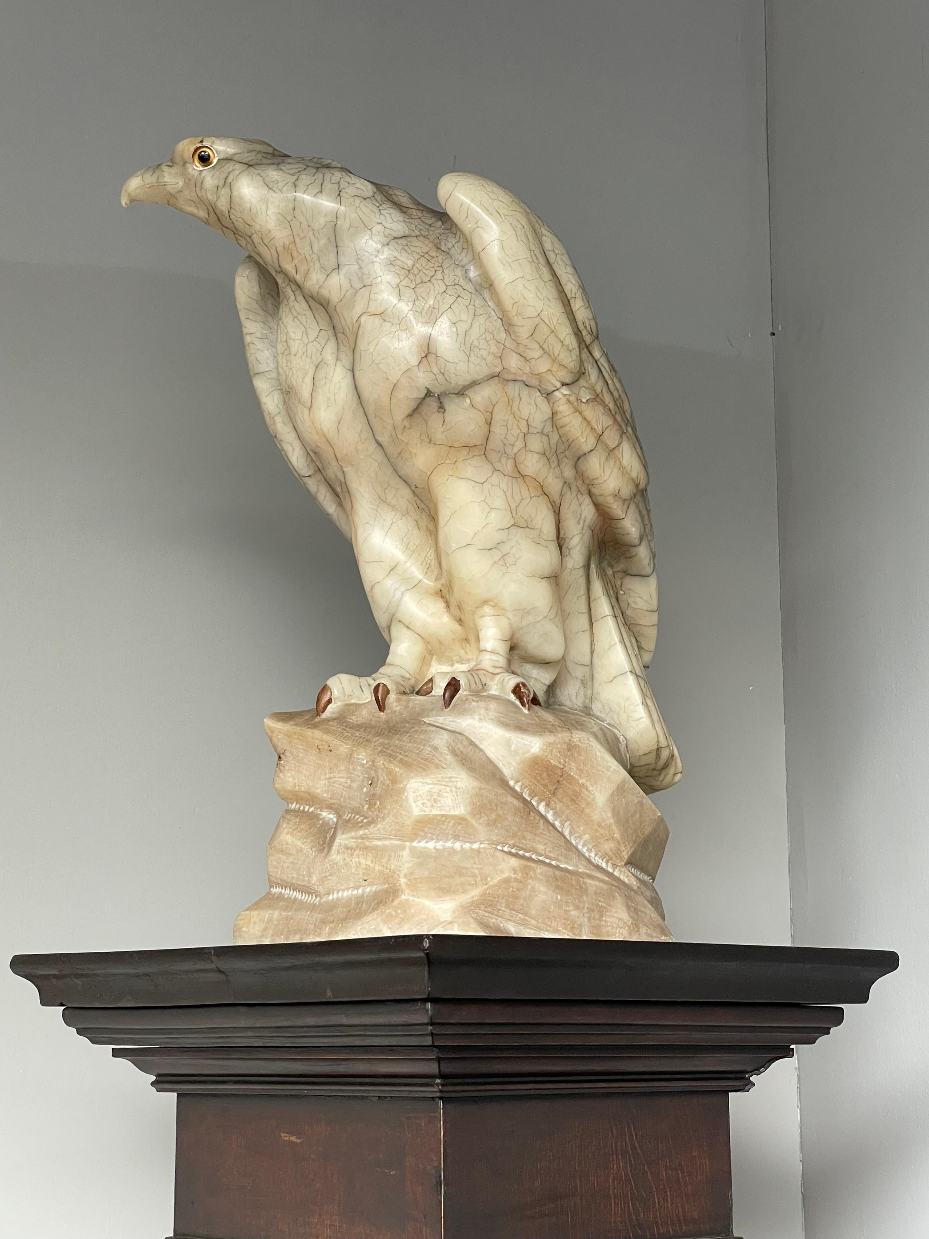 Large Majestic & Lifelike Antique Alabaster Bald Eagle Sculpture w. Glass Eyes For Sale 2