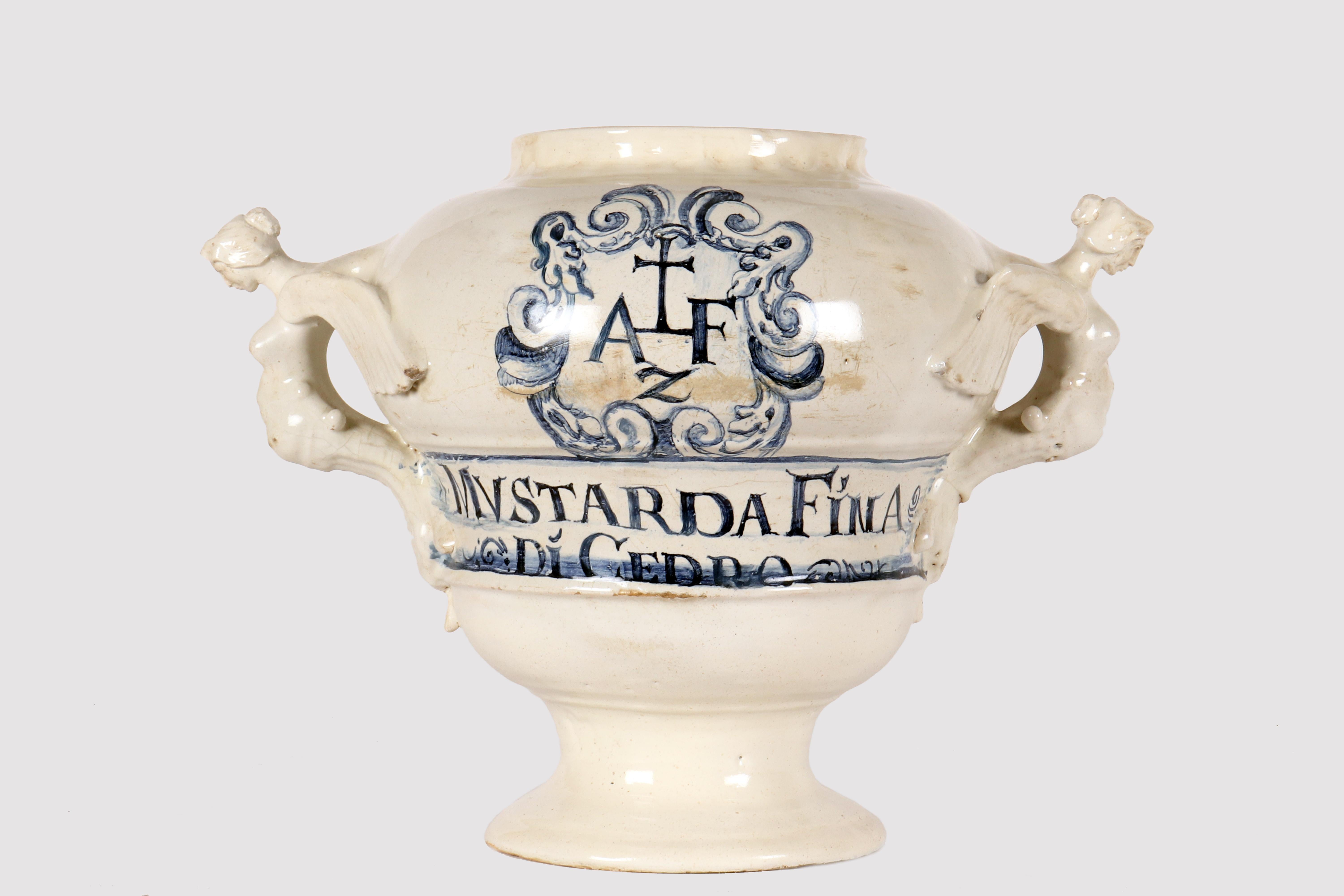 Italian Large majolica Albarello with pharmaceutical writing, Italy circa 1730. For Sale