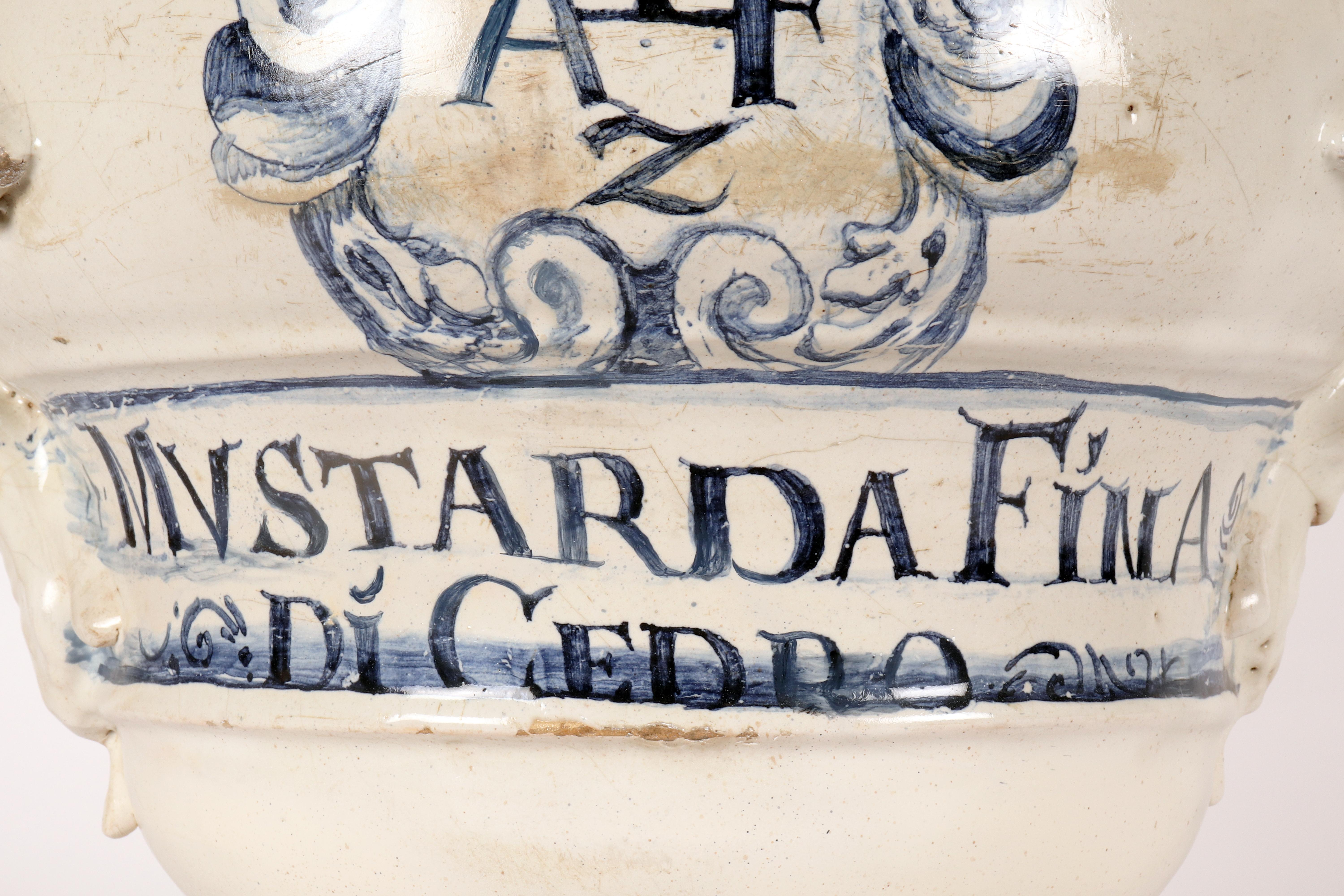 Large majolica Albarello with pharmaceutical writing, Italy circa 1730. For Sale 2