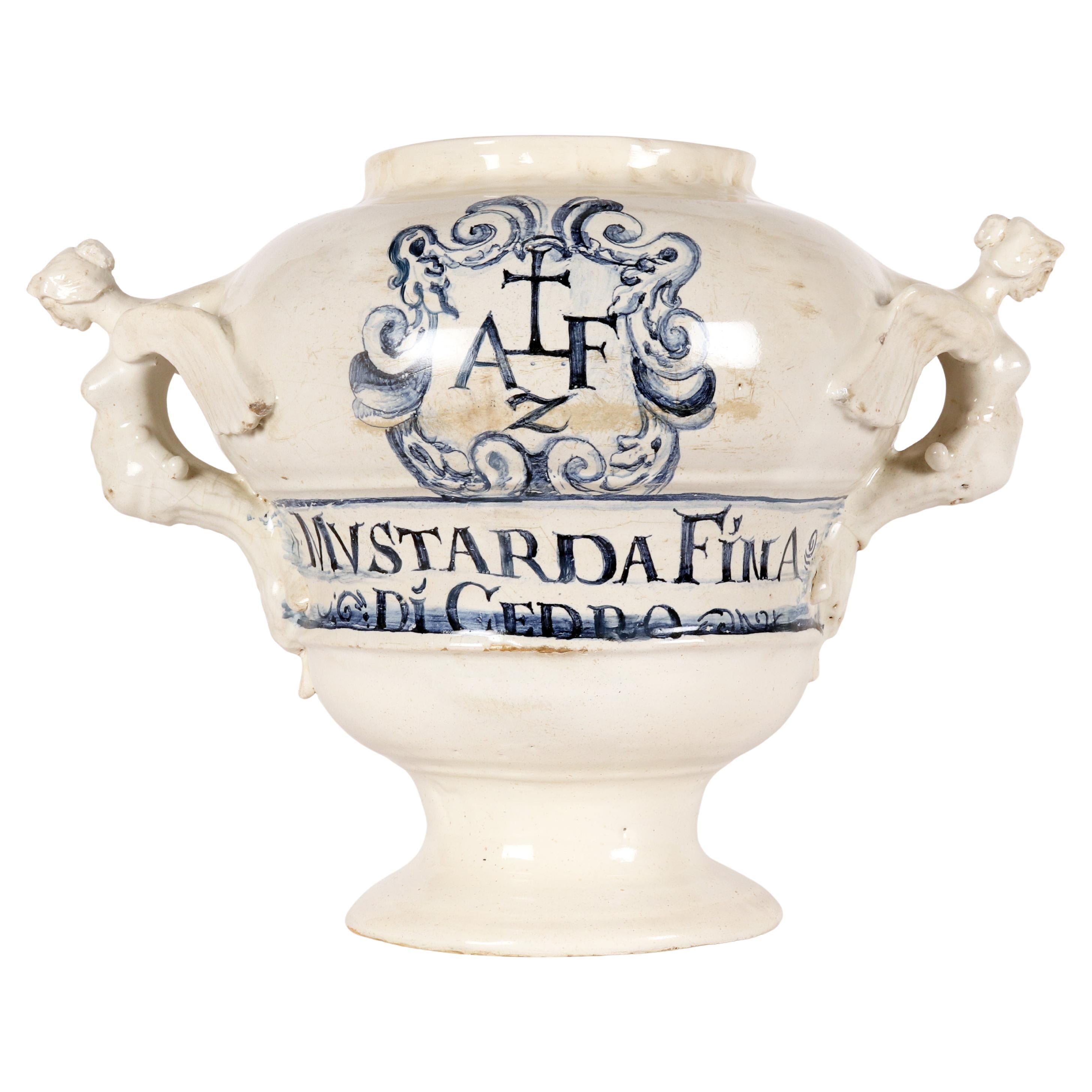 Large majolica Albarello with pharmaceutical writing, Italy circa 1730. For Sale