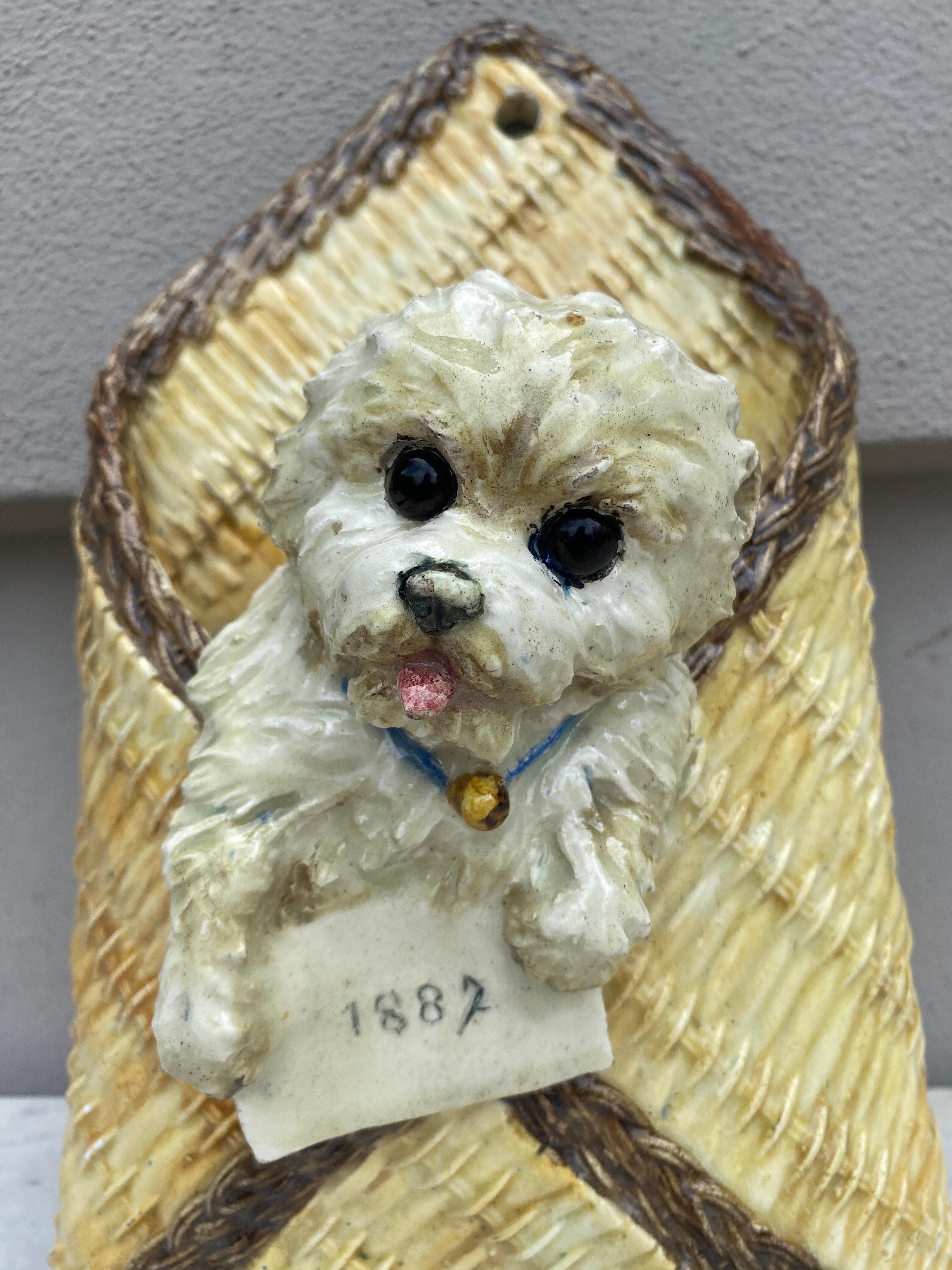 Große Majolika Korb Bichon Hund Wandtasche unterzeichnet TD Theodore Deck datiert 1887.