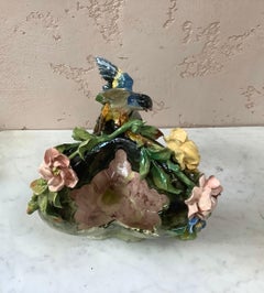 Large Majolica Bird & Flowers Basket Centerpiece, circa 1880