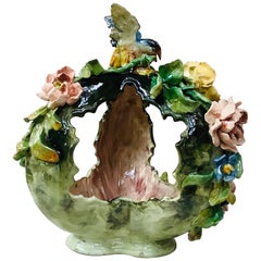 Large Majolica Bird & Flowers Basket Centerpiece, circa 1880