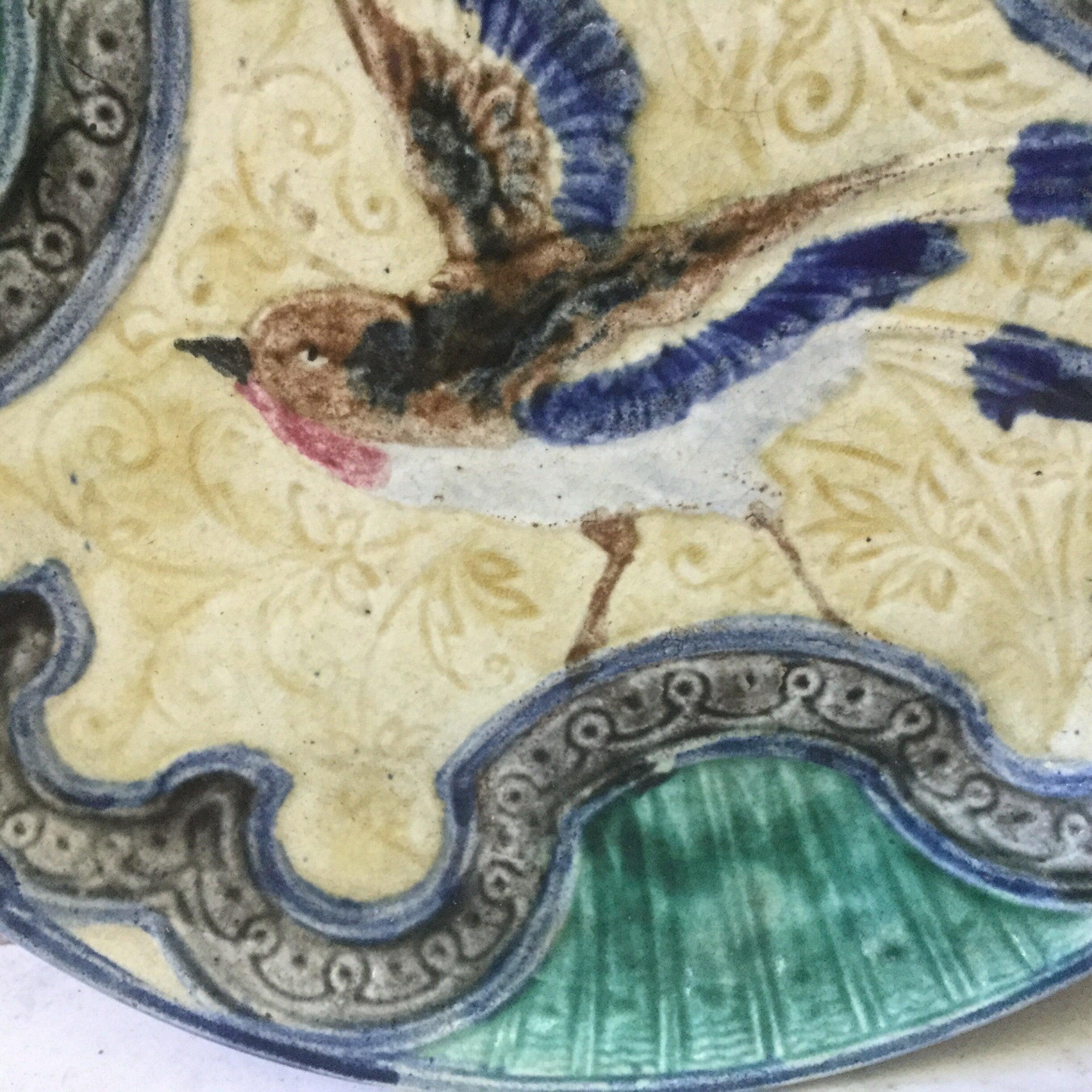 Rustic Large Majolica Bird Plate Wasmuel, circa 1890