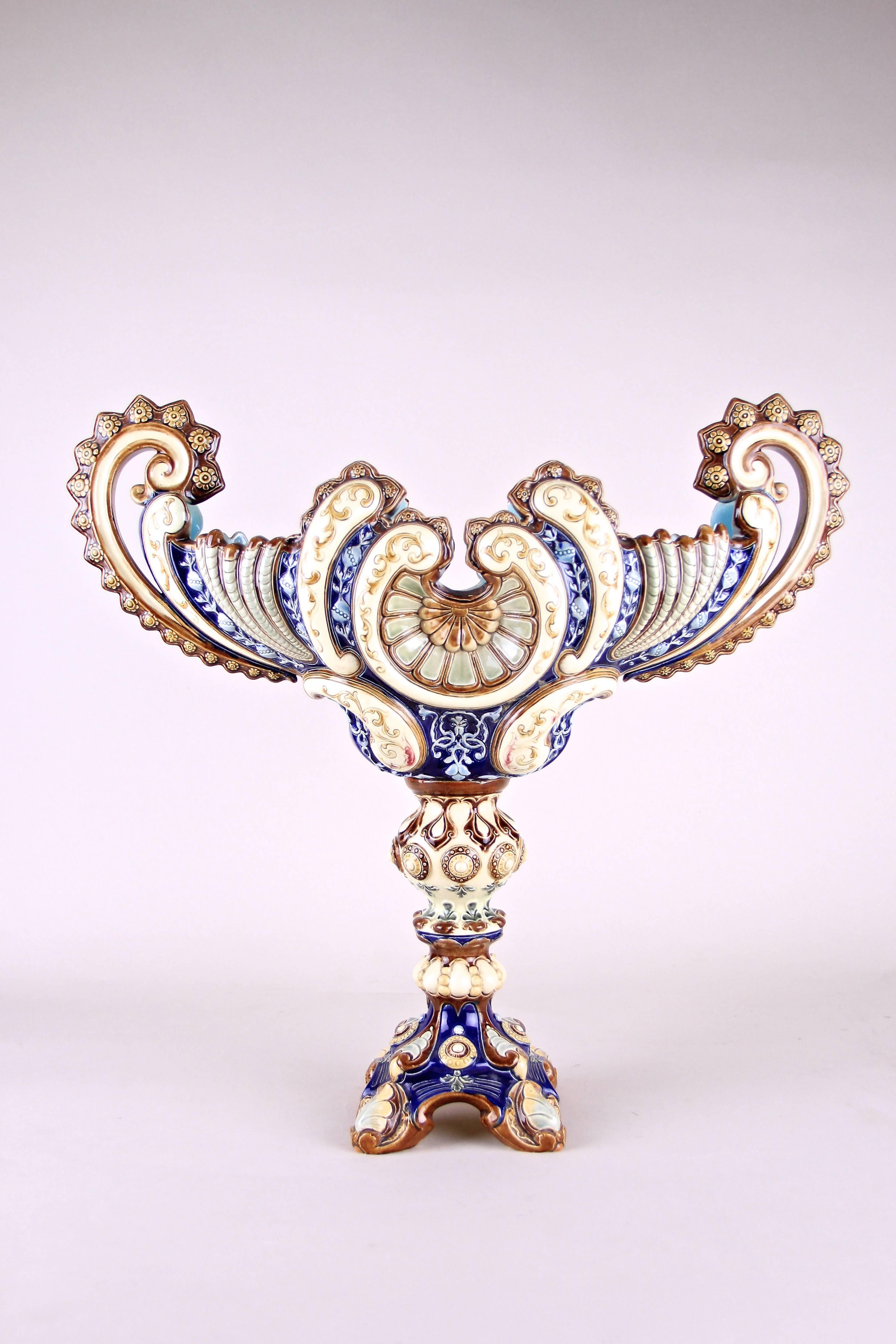 Hand-Painted Large Majolica Centrepiece by Wilhelm Schiller & Son, Bohemia, circa 1890