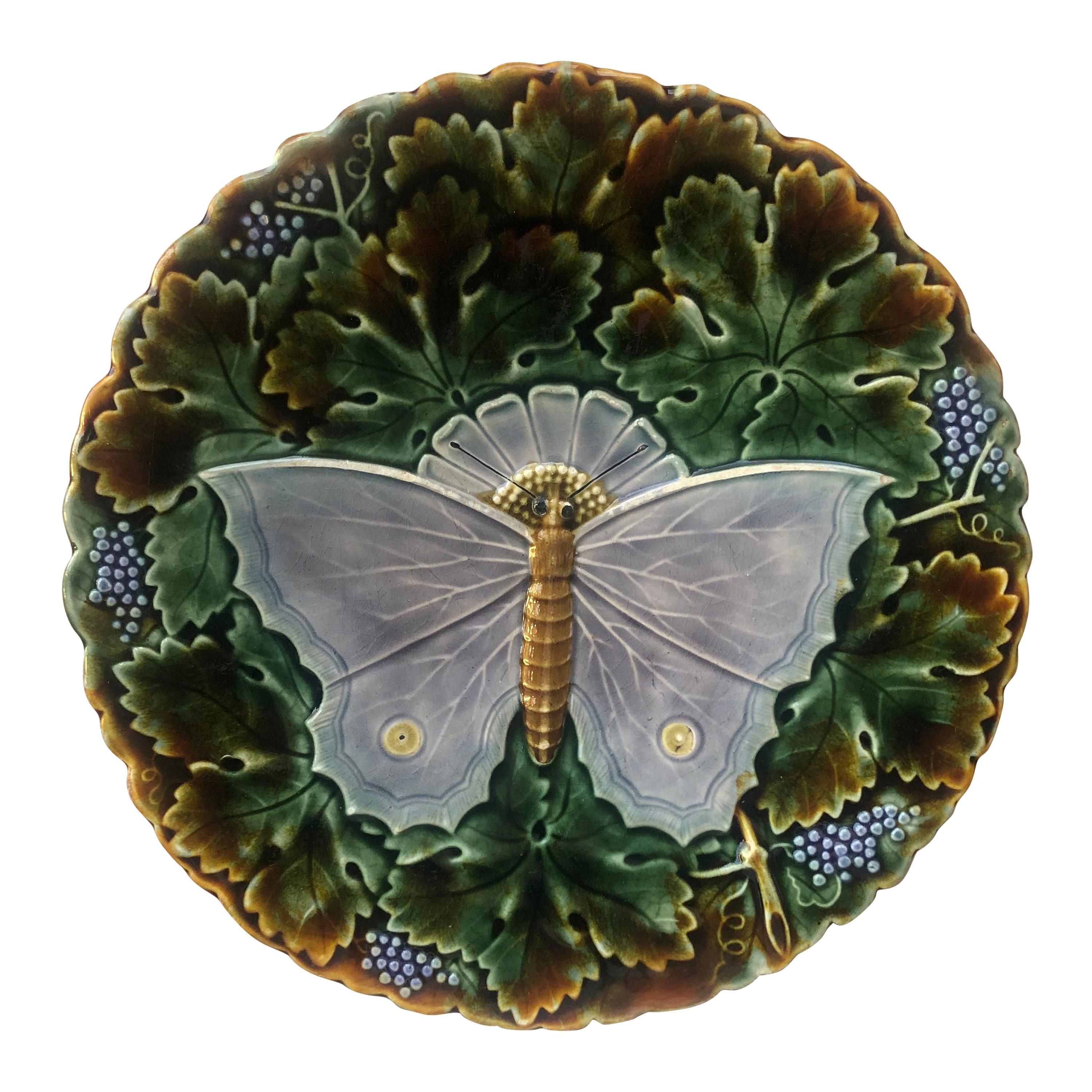 Large Majolica Gray Butterfly Platter Josef Steidl Znaim, circa 1890