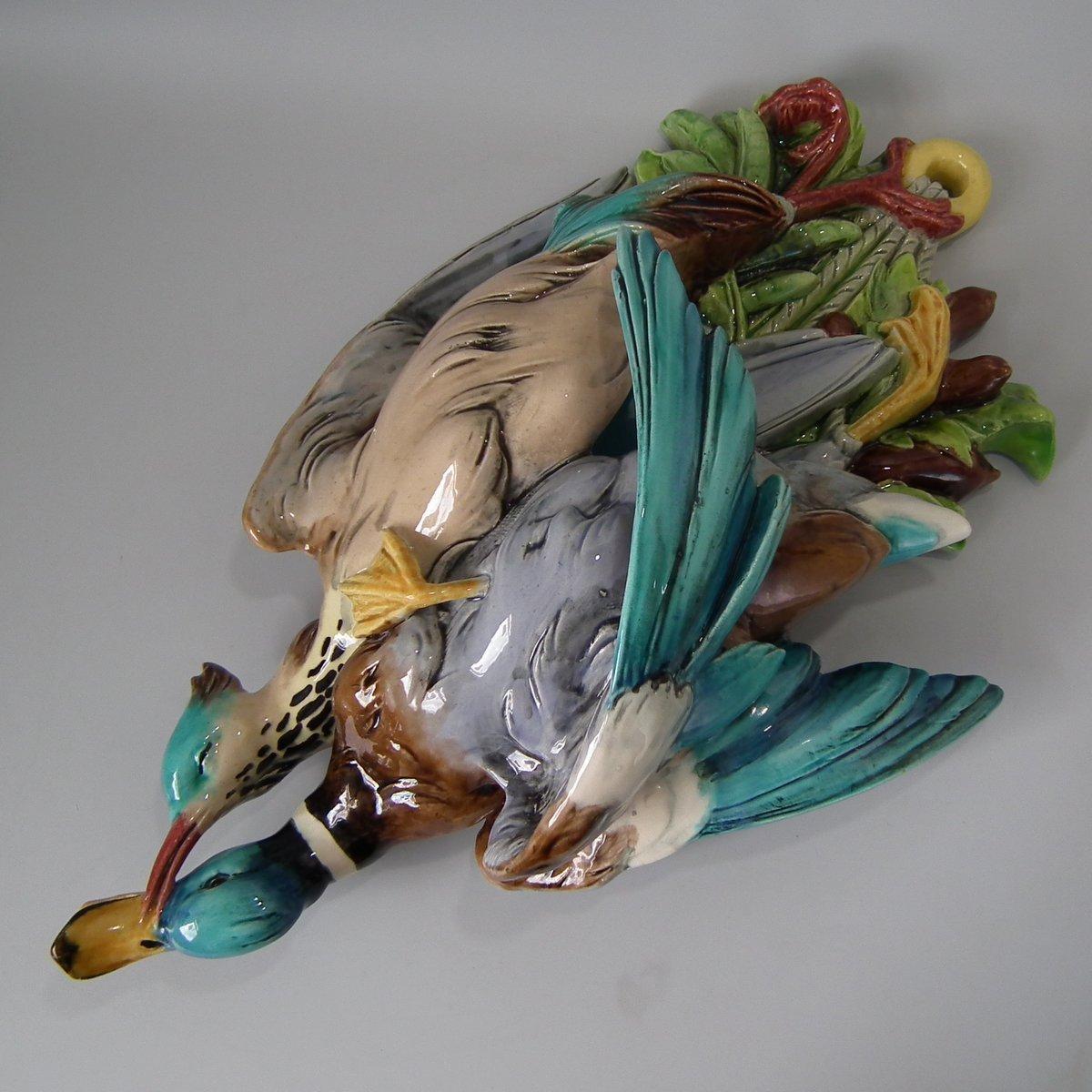 French Large Majolica Hanging Game Birds Wall Pocket
